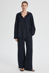 Oversized Linen Wide-Leg Drawstring Pants Orolay #color_Dark night navy