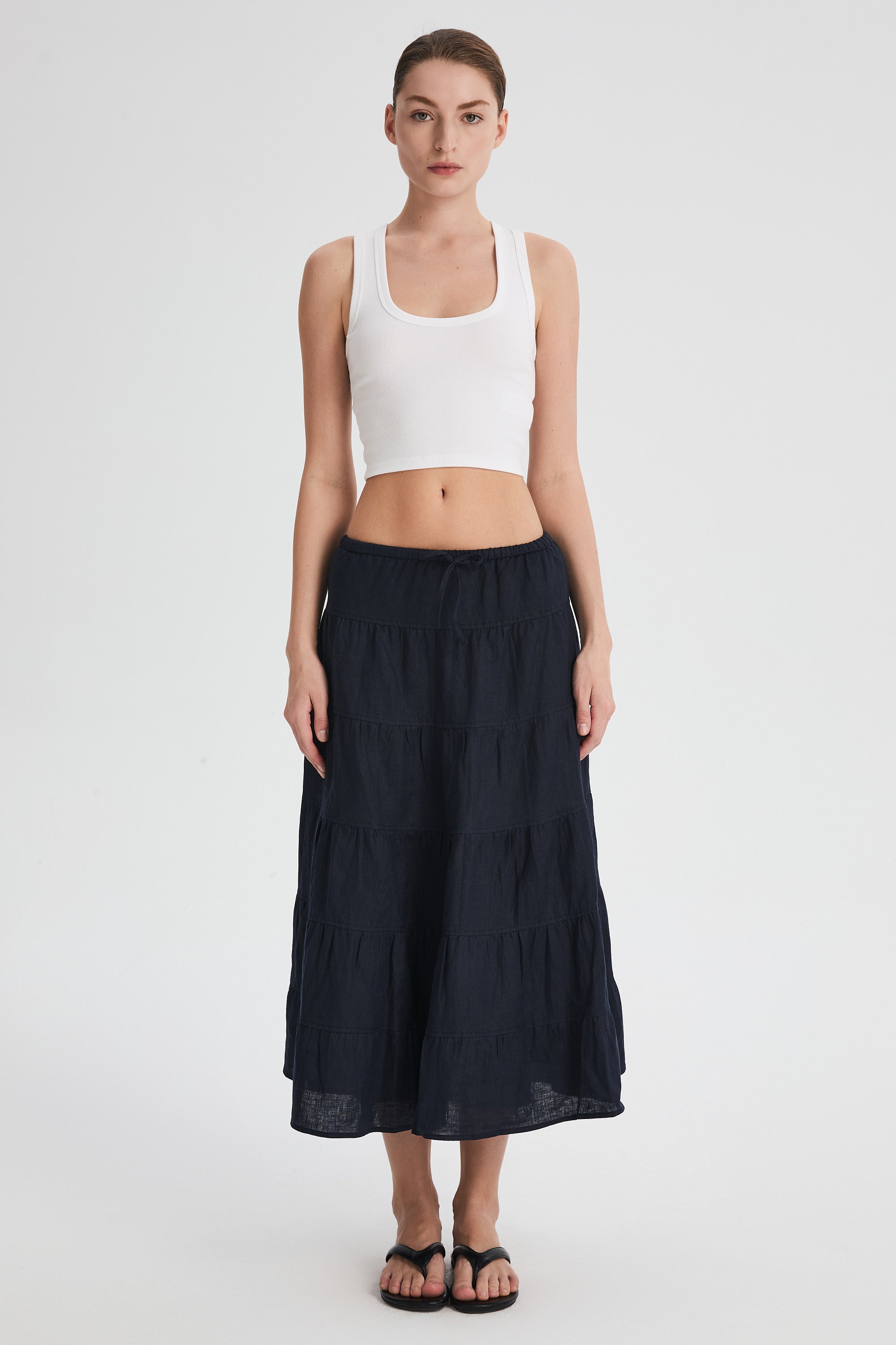 Orolay Bouquet Linen Skirt #Color_Dark night navy