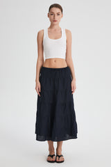Orolay Bouquet Linen Skirt #Color_Dark night navy