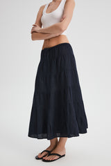 Orolay Bouquet Linen Skirt #Color_Dark night navy