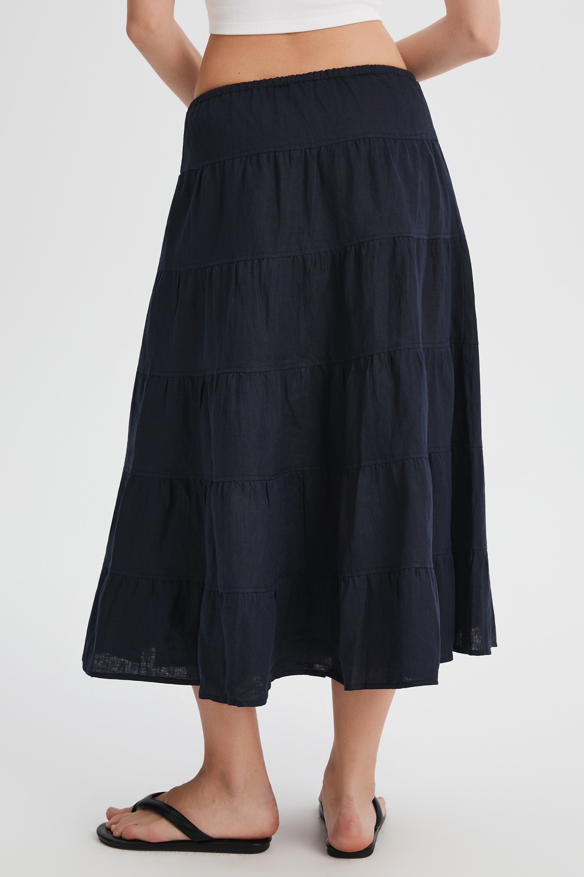 Orolay Bouquet Linen Skirt #Color_Dark night navy