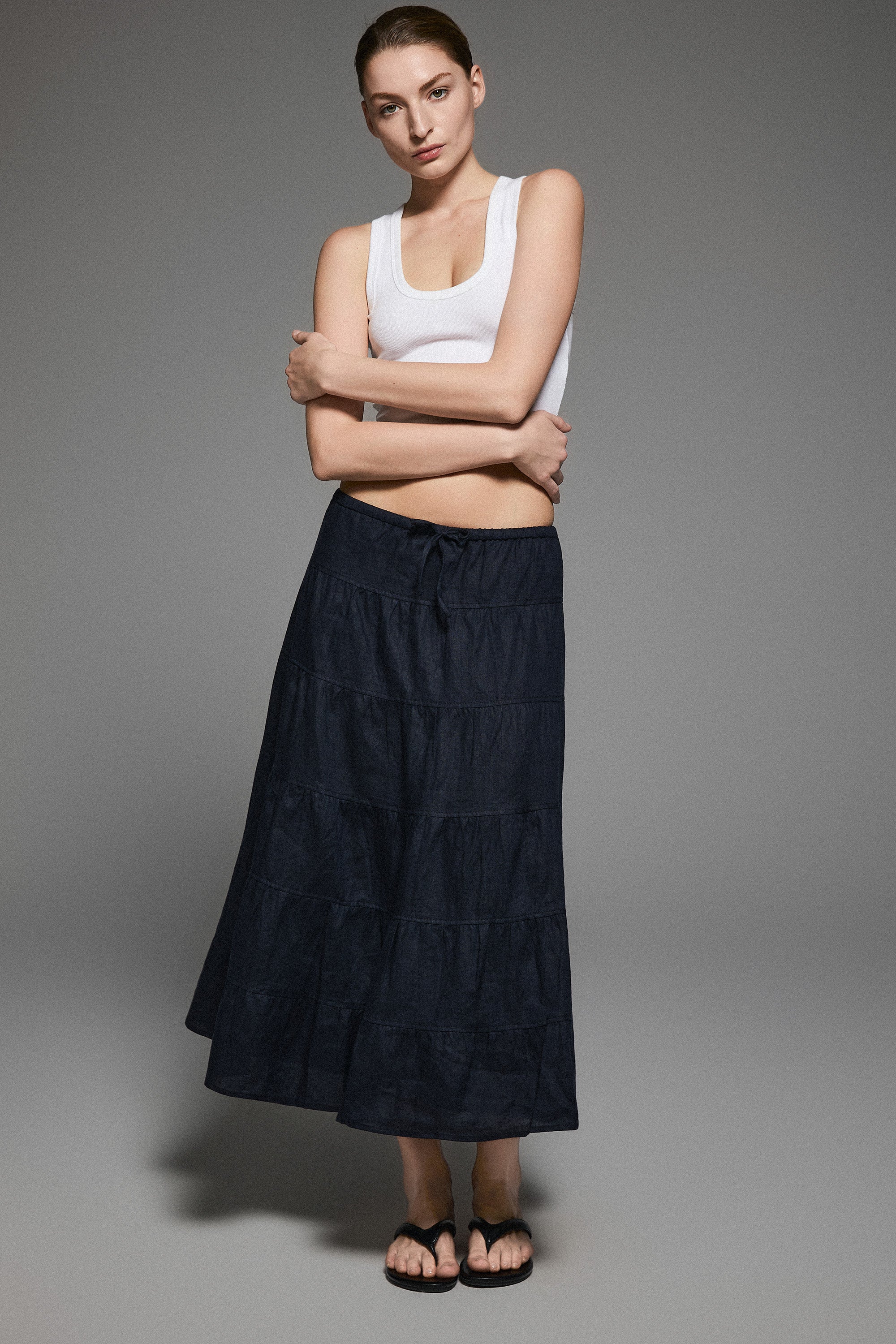 Orolay Bouquet Linen Skirt #Color_Dark night navy