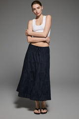Orolay Bouquet Linen Skirt #Color_Dark night navy