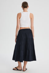Orolay Bouquet Linen Skirt #Color_Dark night navy