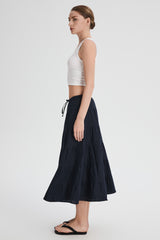 Orolay Bouquet Linen Skirt #Color_Dark night navy