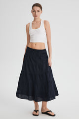 Orolay Bouquet Linen Skirt #Color_Dark night navy