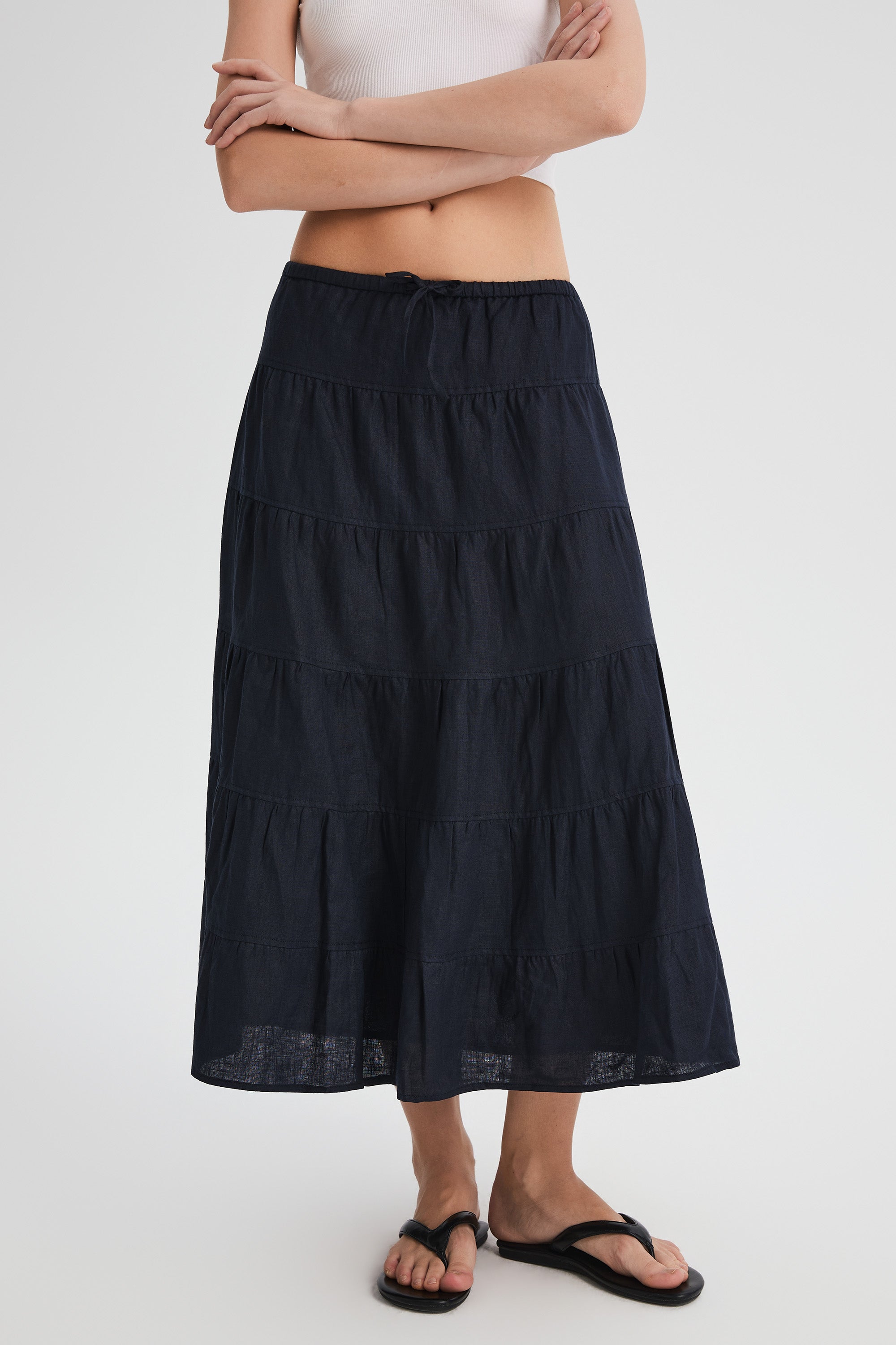 Orolay Bouquet Linen Skirt #Color_Dark night navy