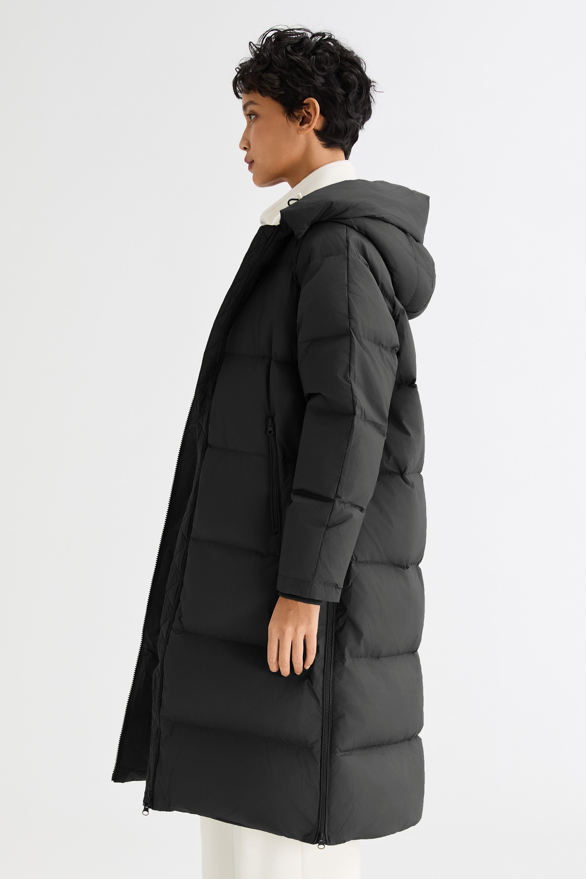 Orolay-Long Puffer Down Jacket with Hem Slit-#color_Black