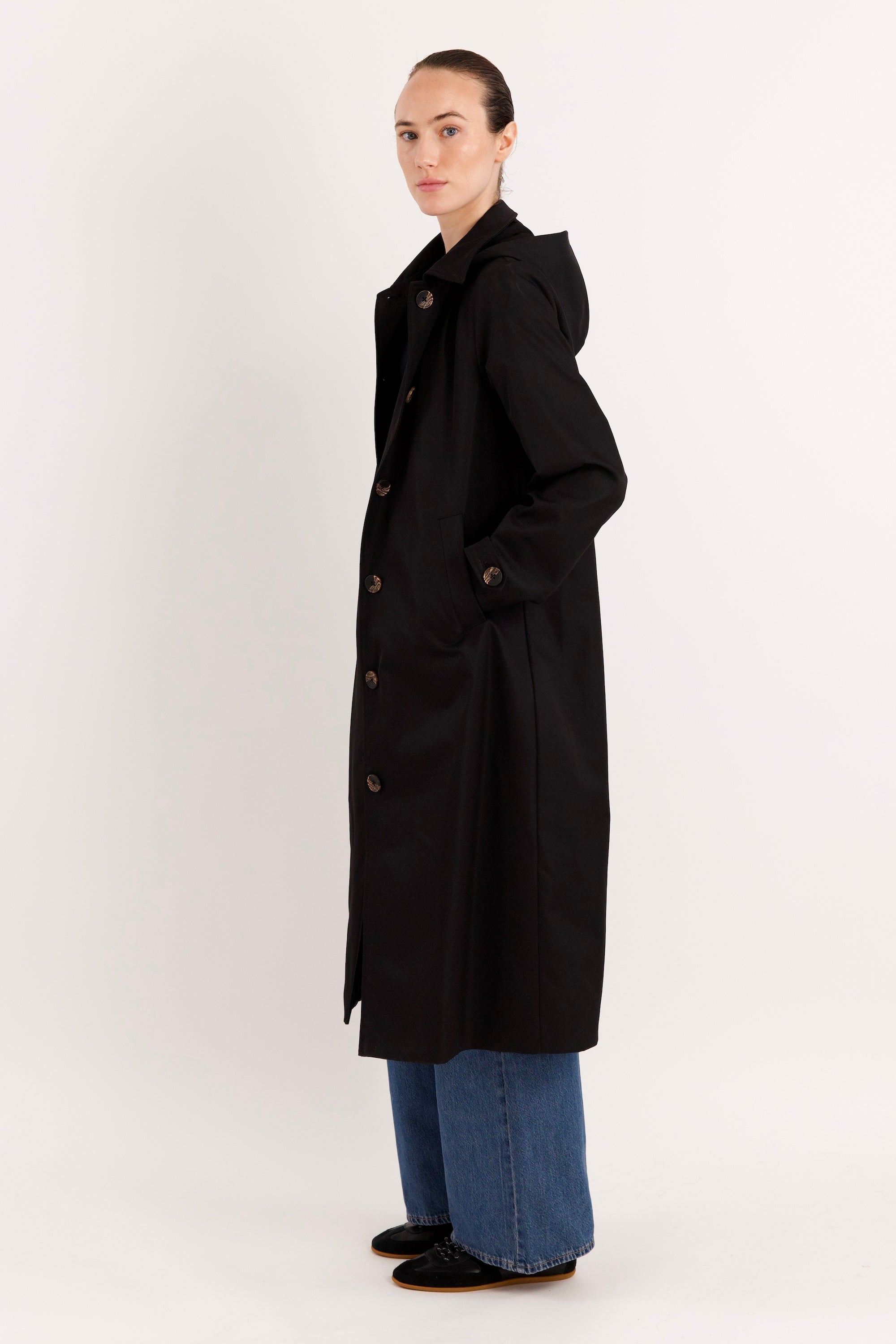Long Single-Breasted Trench Coat #color_black