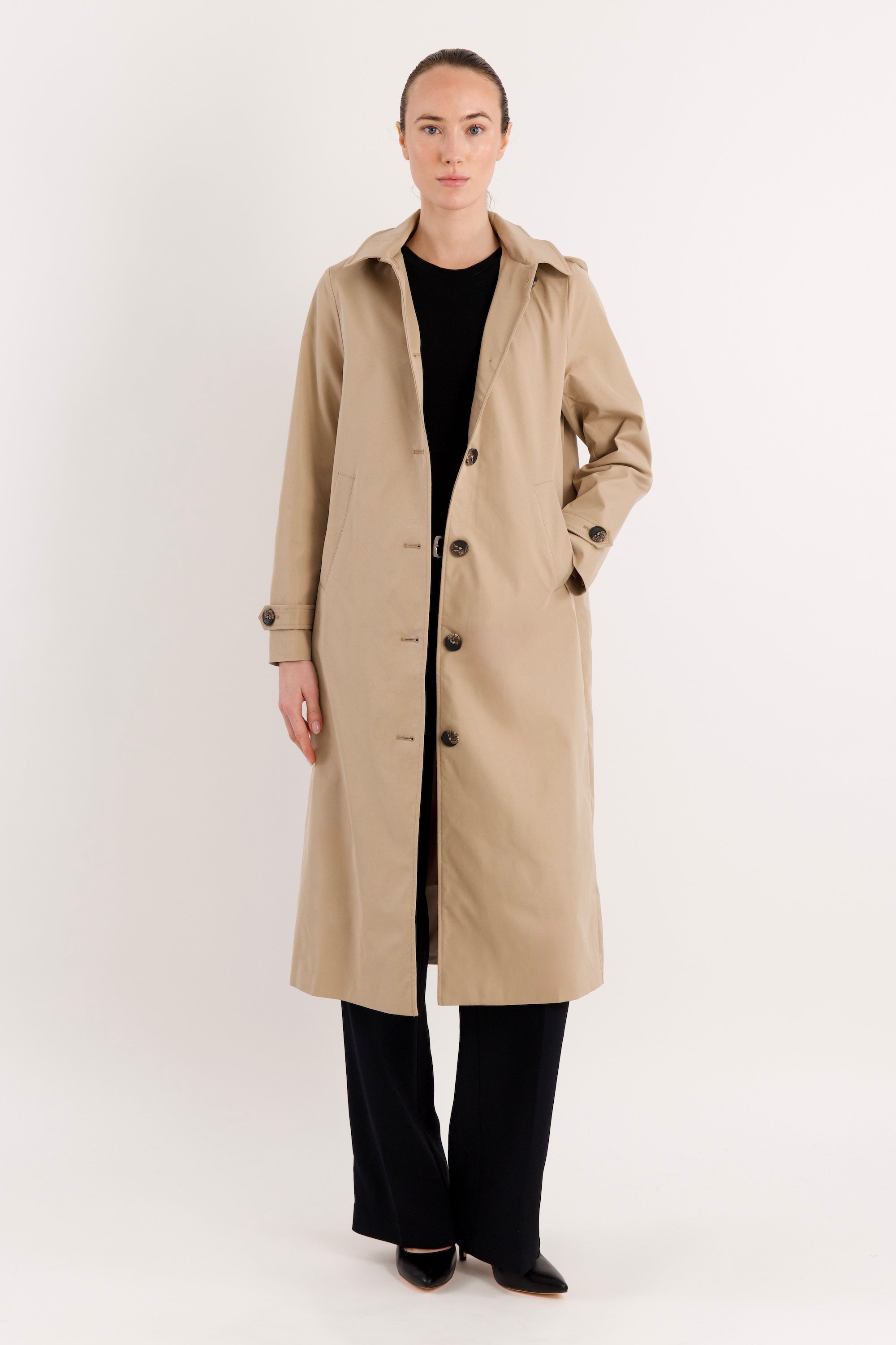 Long Single-Breasted Trench Coat #color_Frosted Almond