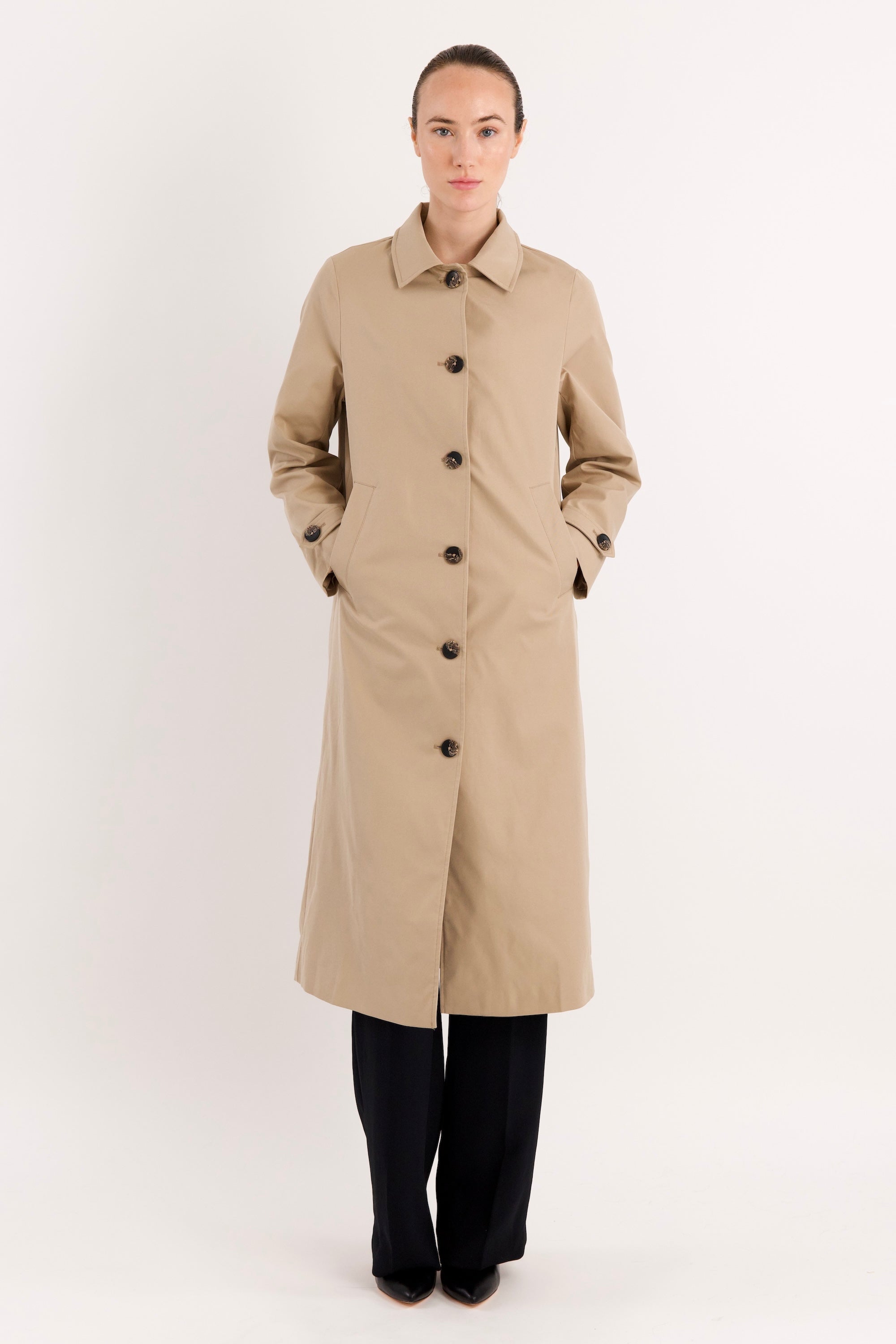 Long Single-Breasted Trench Coat #color_Frosted Almond