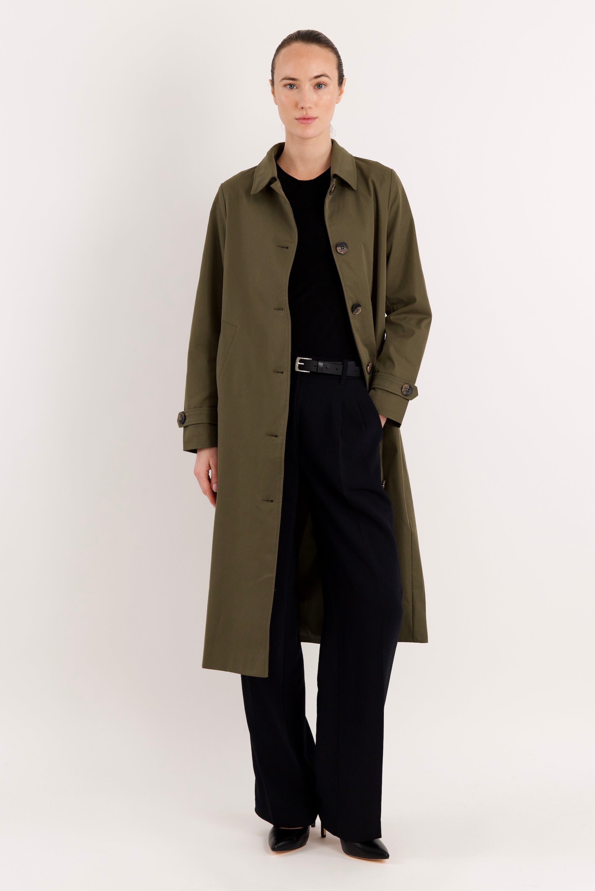 Long Single-Breasted Trench Coat #color_olive