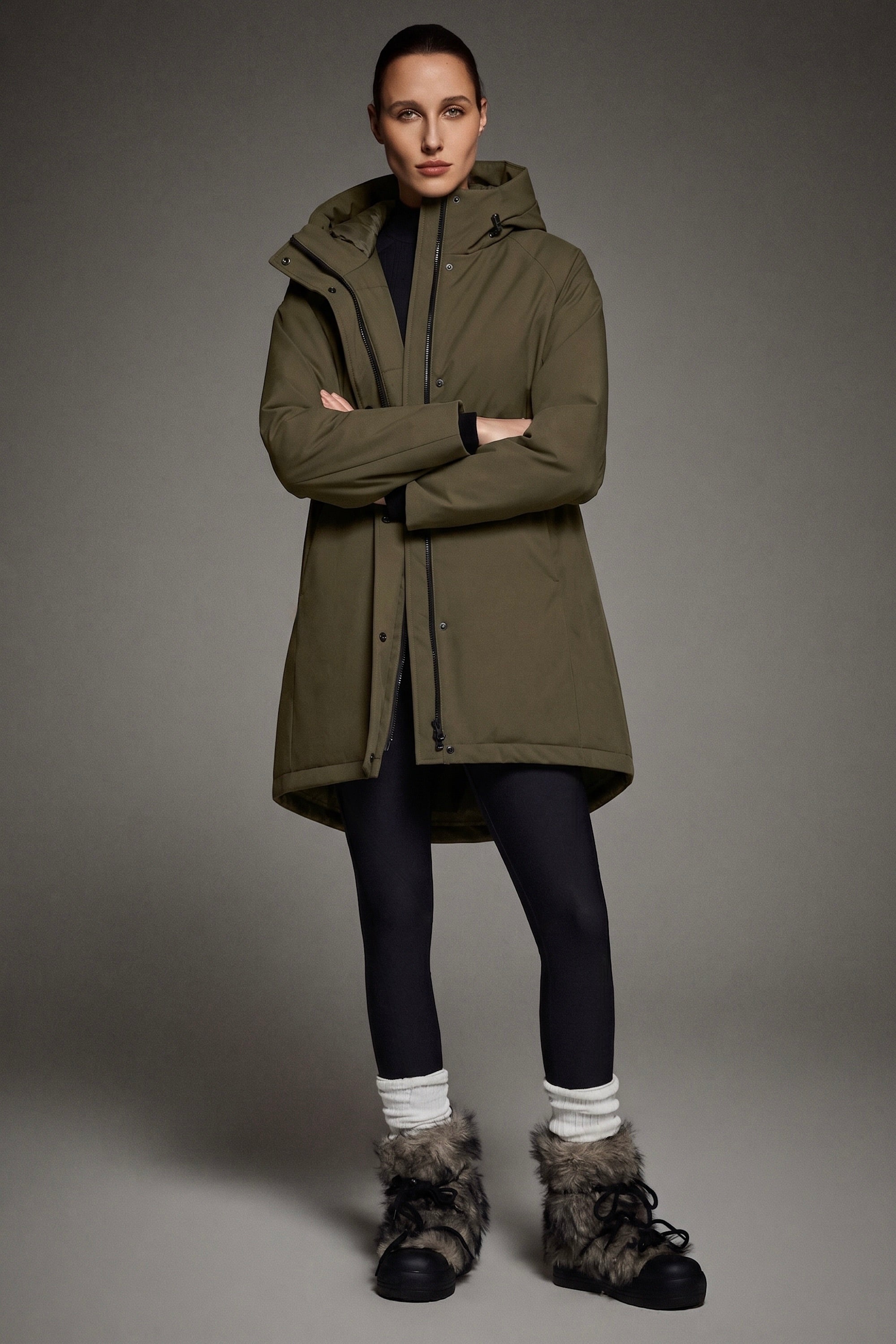 Mid-Length Windproof Parka Coat #color_olive