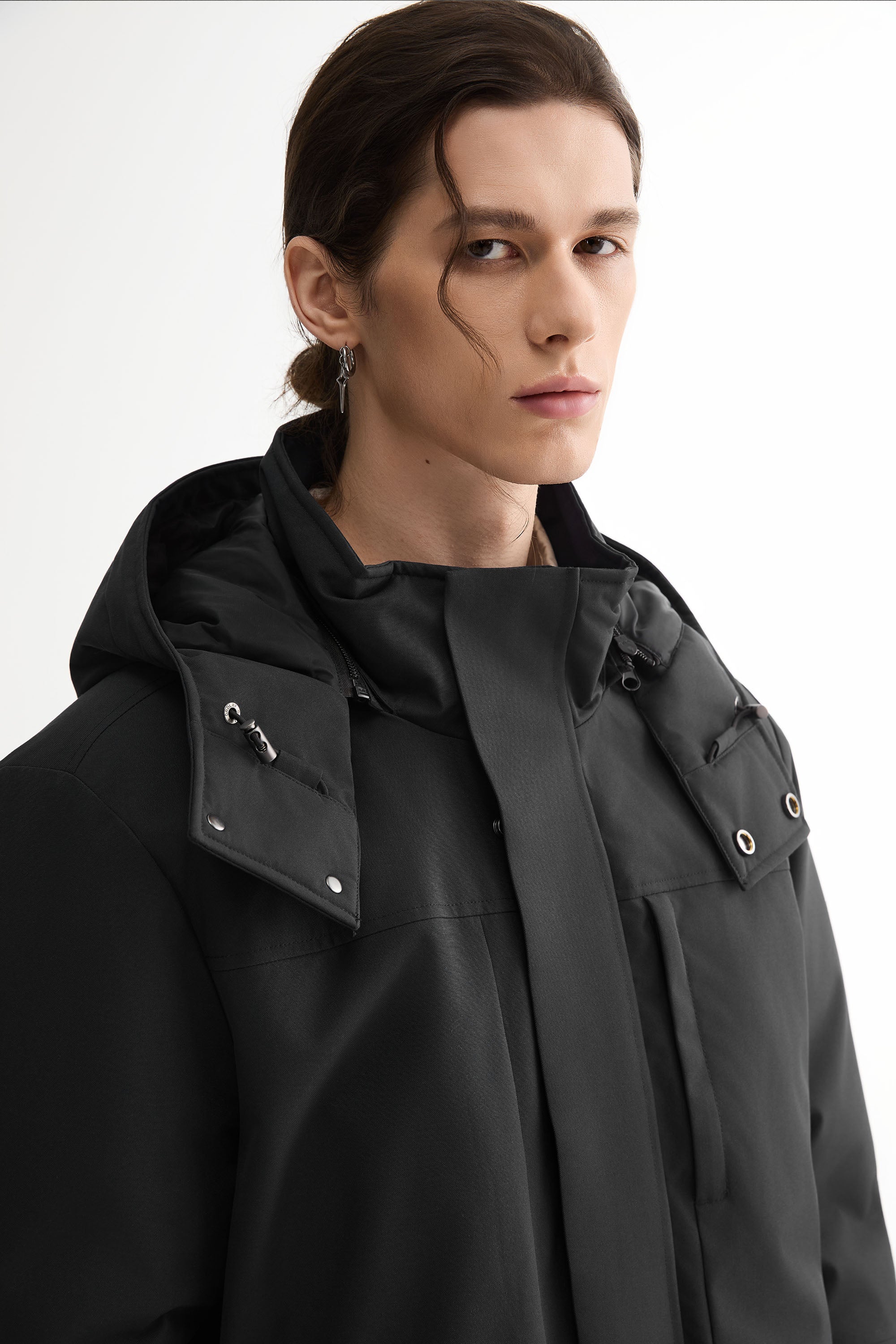 Mid-length Dual-Pocket Hooded Down Parka Jacket Orolay #color_black