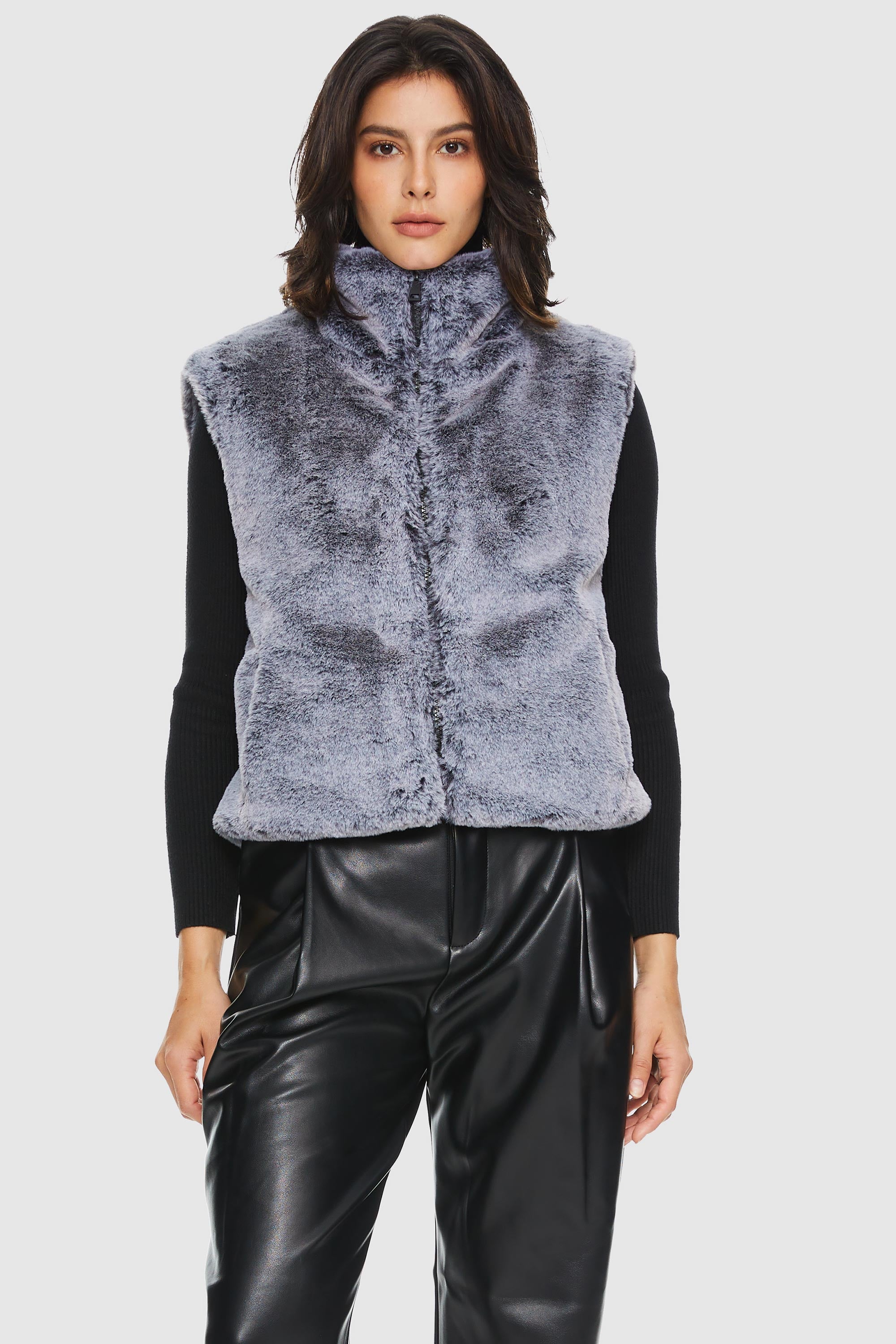 Solid Zip Up Faux Fur Vest Coat