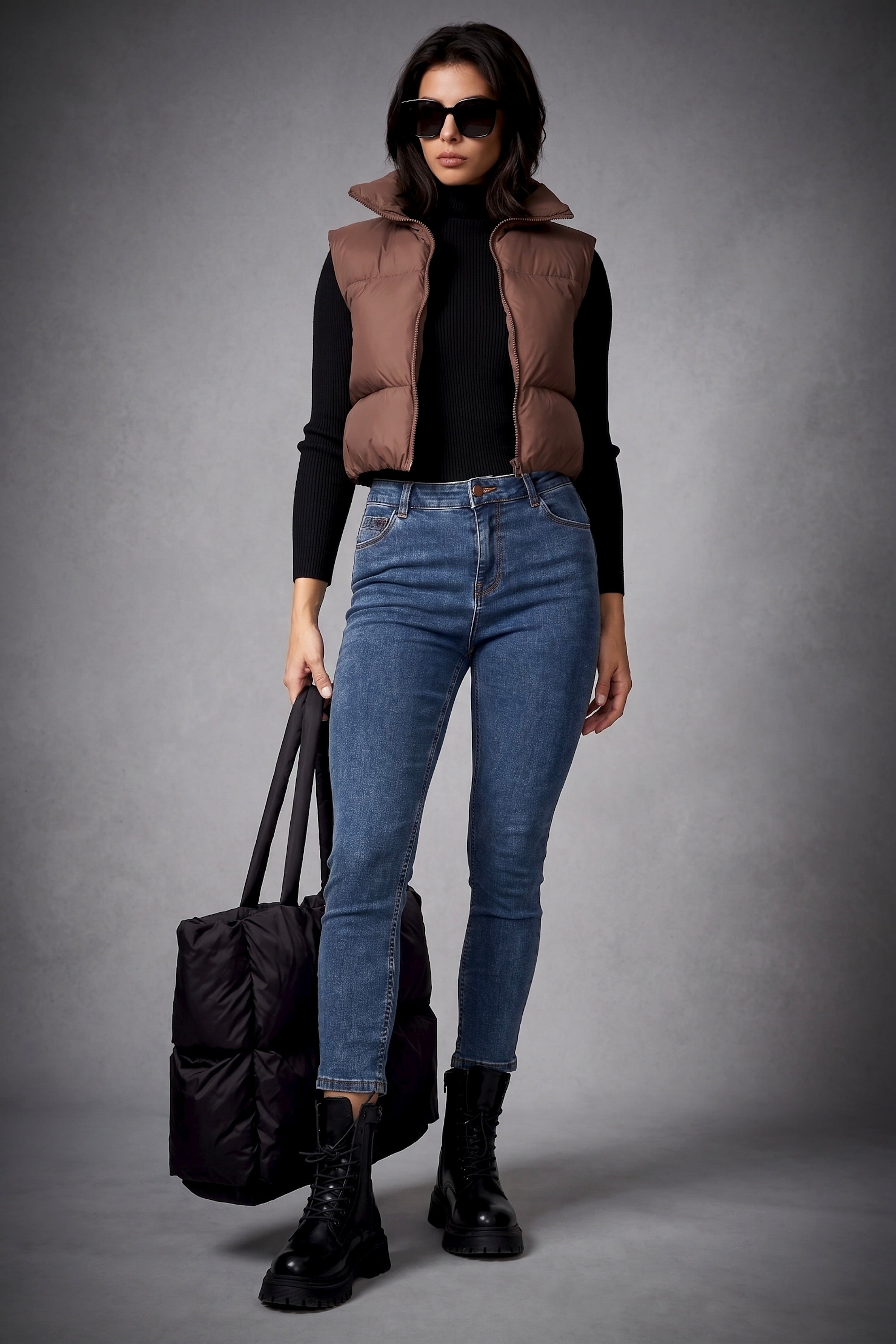 Orolay-Cropped Puffer Down Vest-#color_Bombay Brown