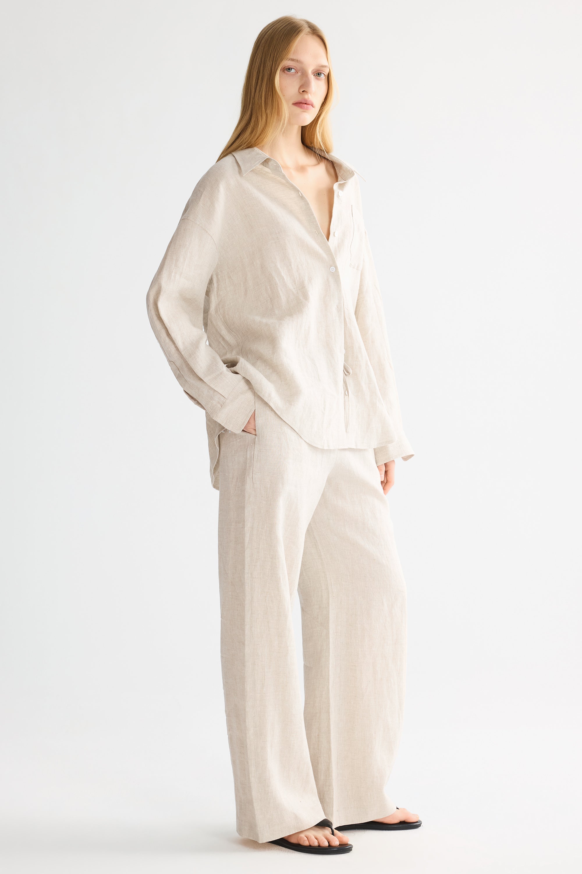 Oversized Linen Button-Up Shirt #color_Natural Ecru