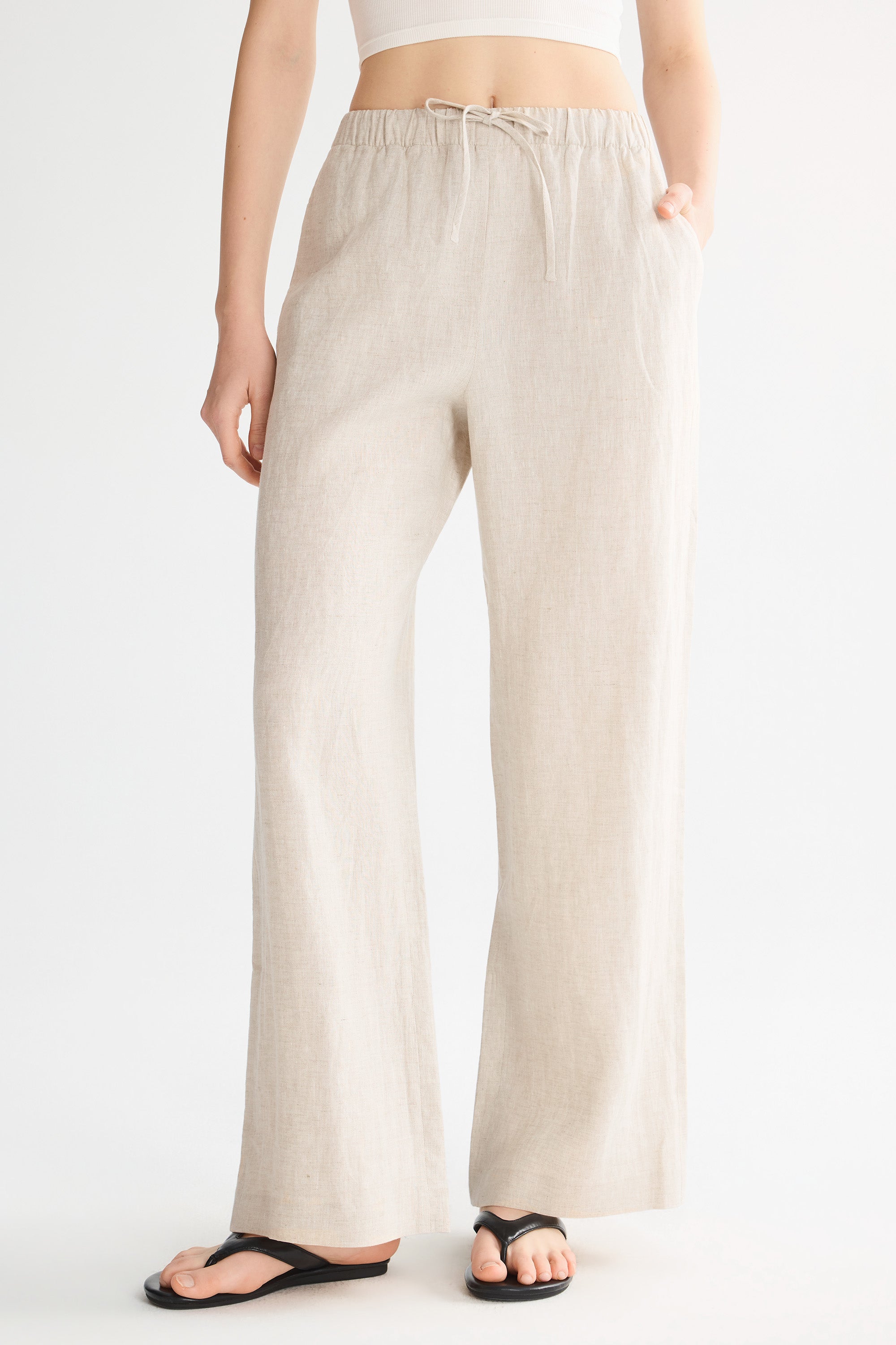 Oversized Linen Wide-Leg Drawstring Pants Orolay #color_Natural Ecru