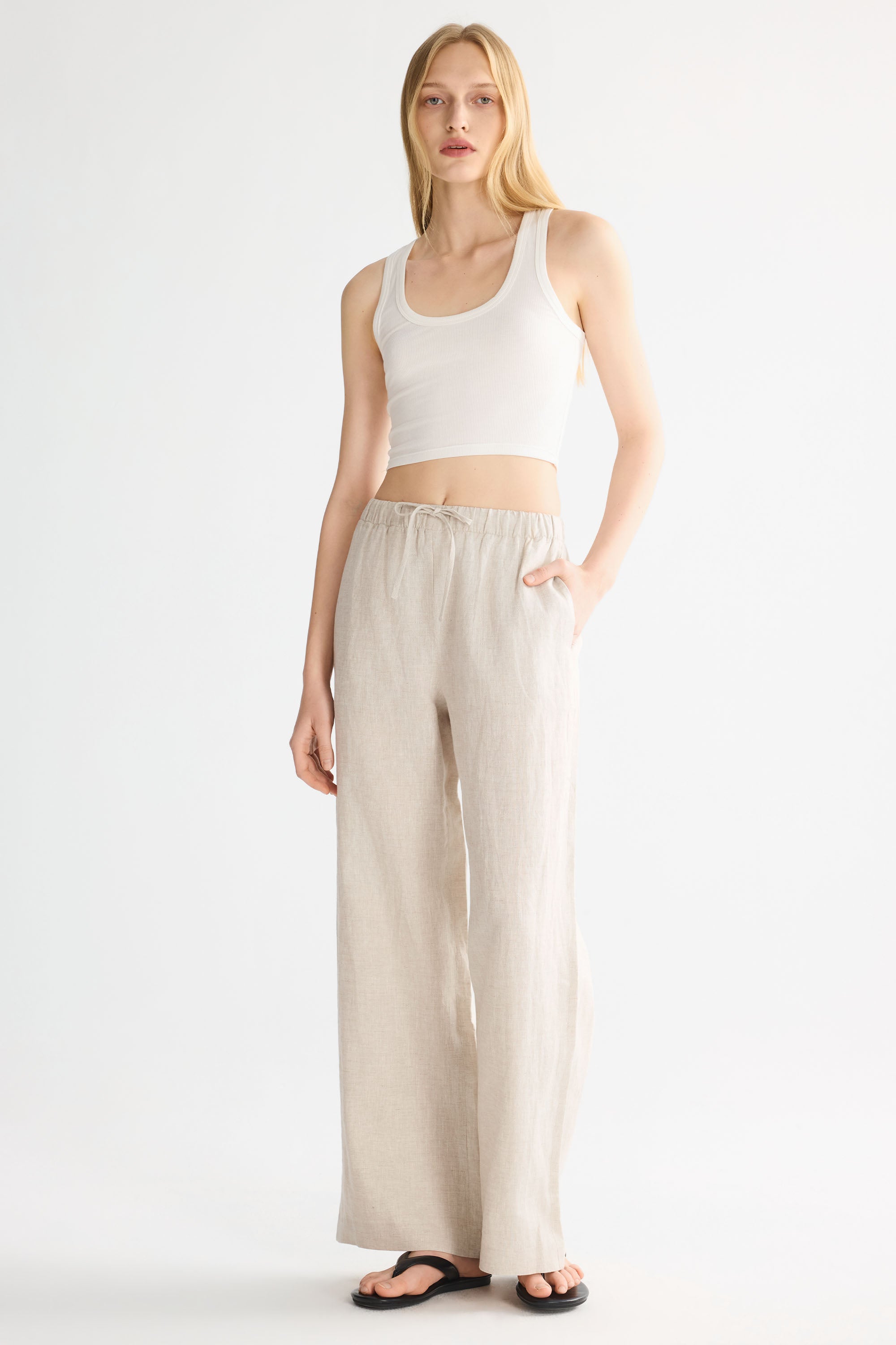 Oversized Linen Wide-Leg Drawstring Pants Orolay #color_Natural Ecru