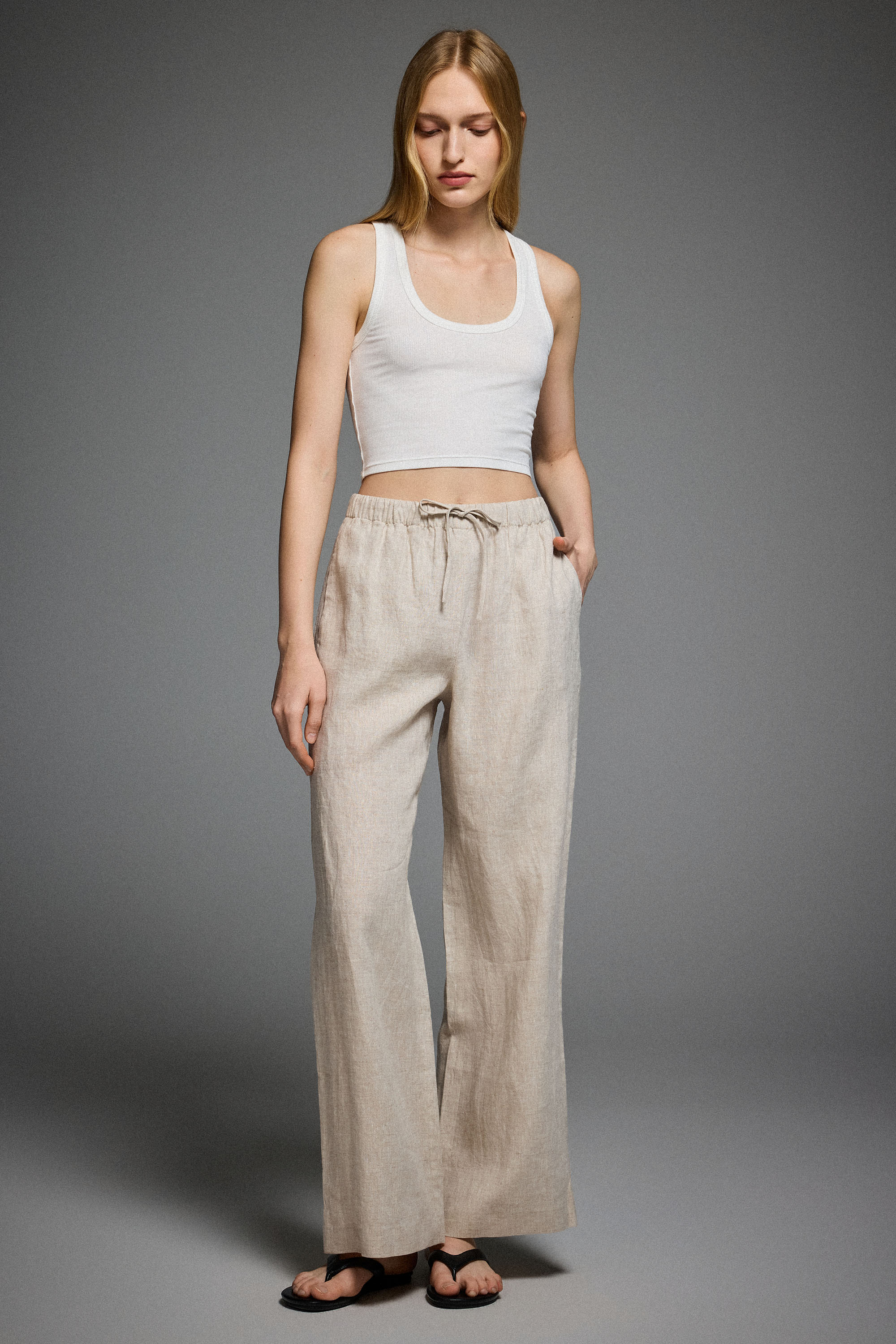 Oversized Linen Wide-Leg Drawstring Pants Orolay #color_Natural Ecru