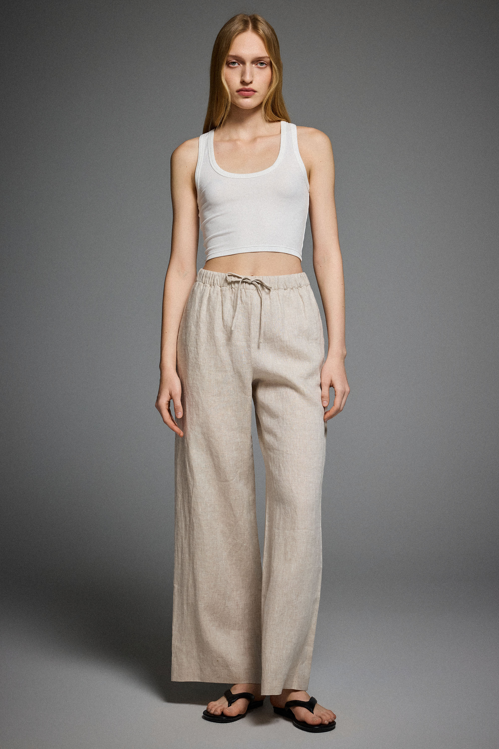 Oversized Linen Wide-Leg Drawstring Pants Orolay #color_Natural Ecru