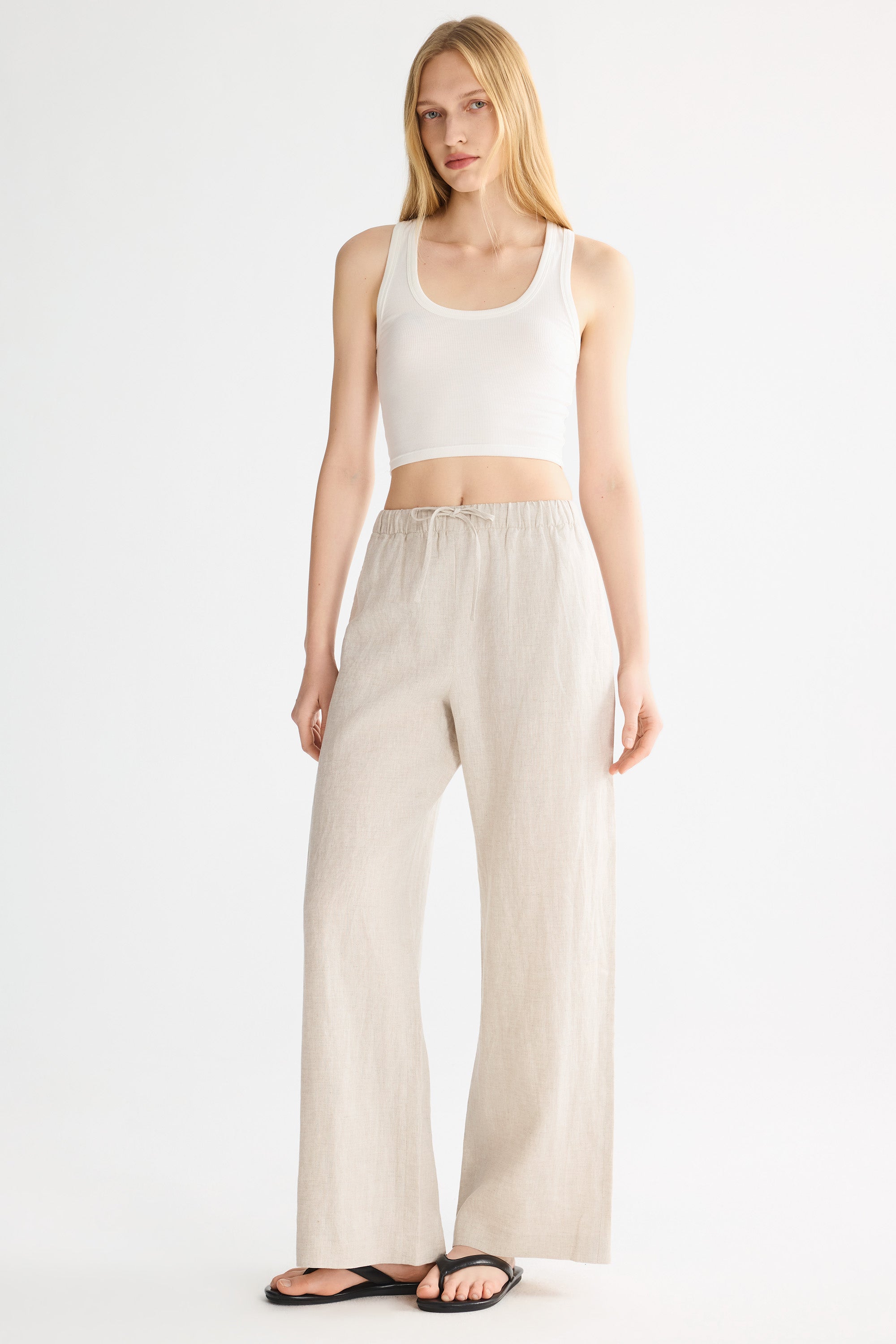 Oversized Linen Wide-Leg Drawstring Pants Orolay #color_Natural Ecru