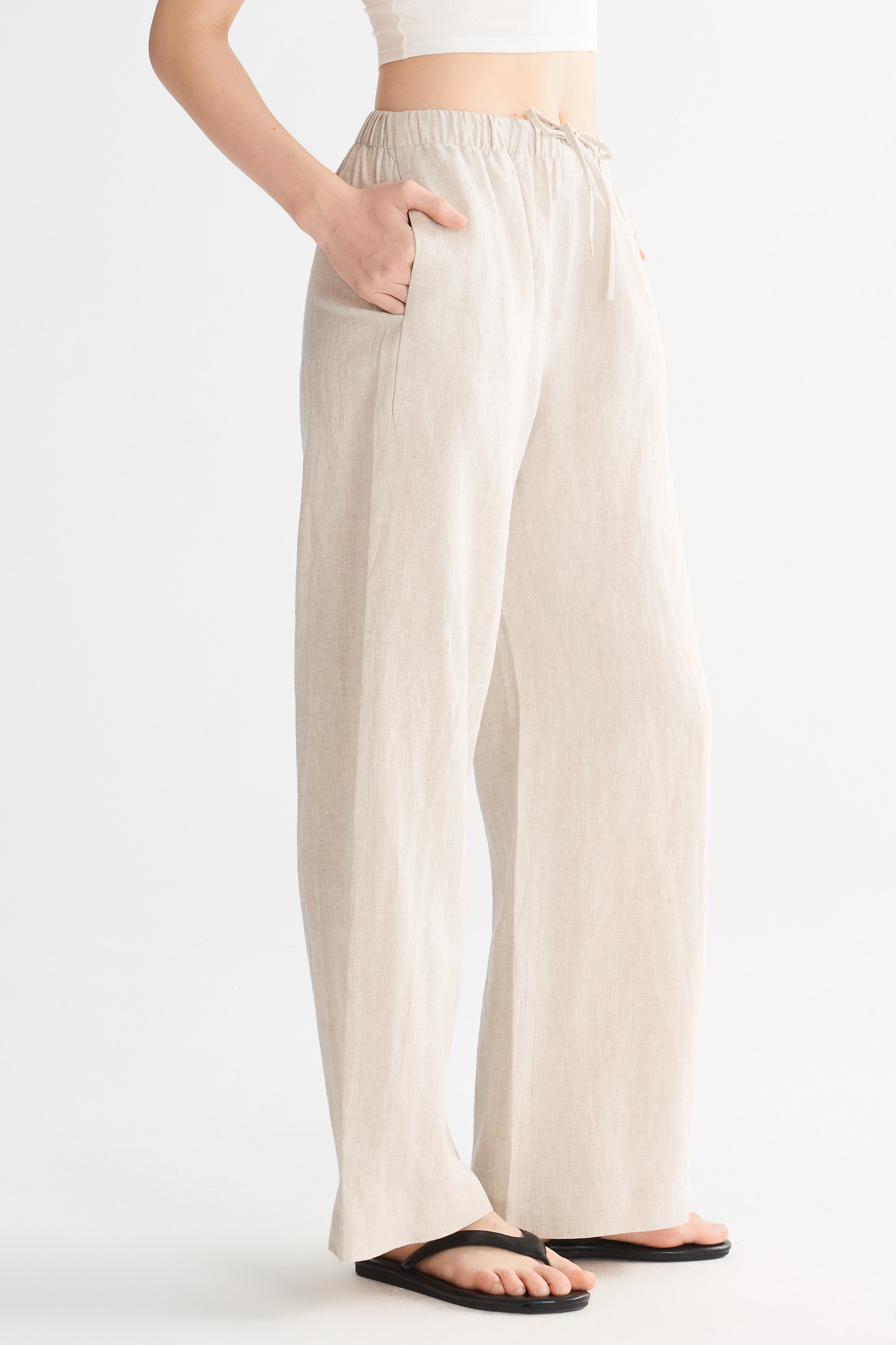 Oversized Linen Wide-Leg Drawstring Pants Orolay #color_Natural Ecru