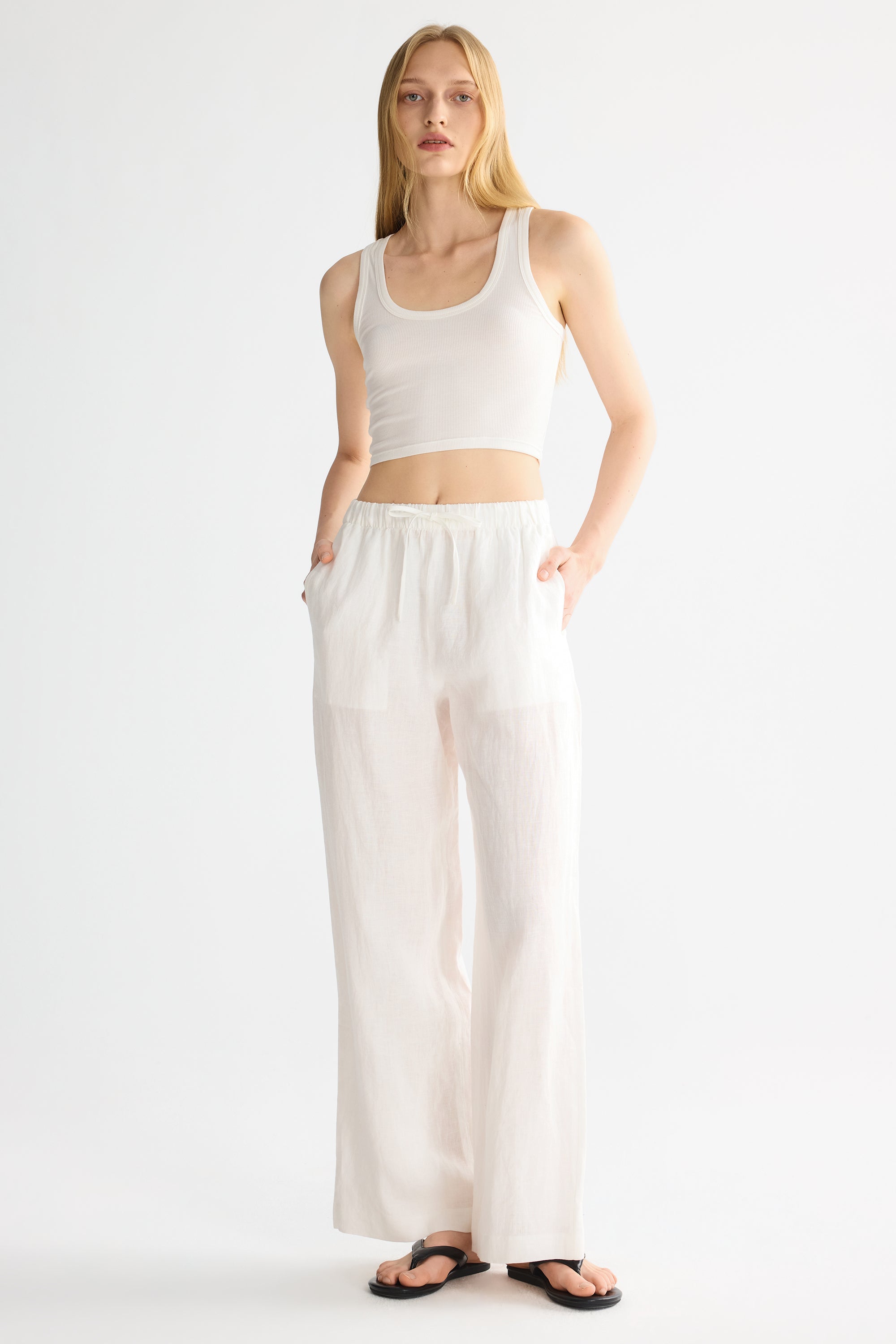 Oversized Linen Wide-Leg Drawstring Pants Orolay #color_white