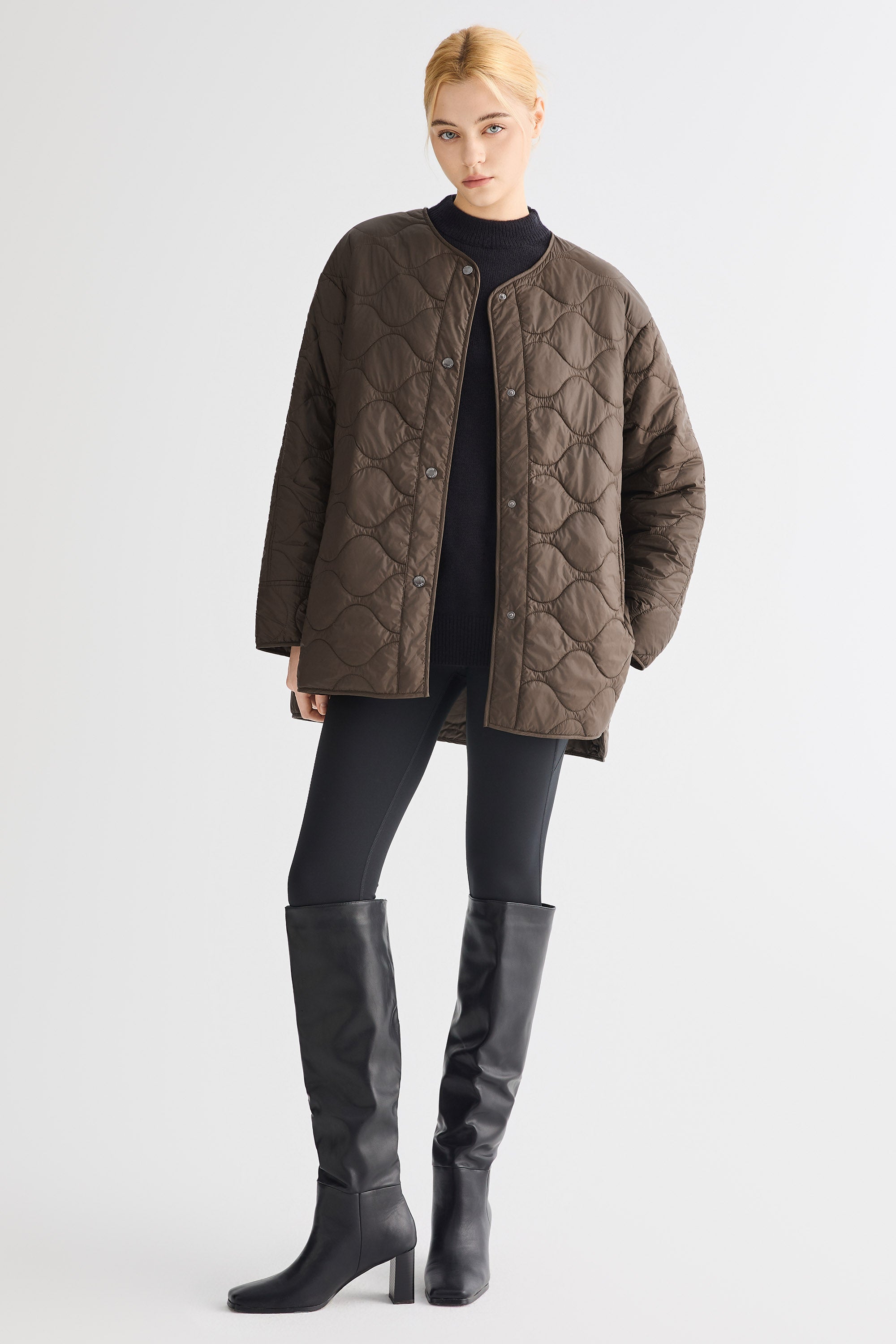 Oversized Quilted Drop-Shoulder Jacket Orolay #color_coffee