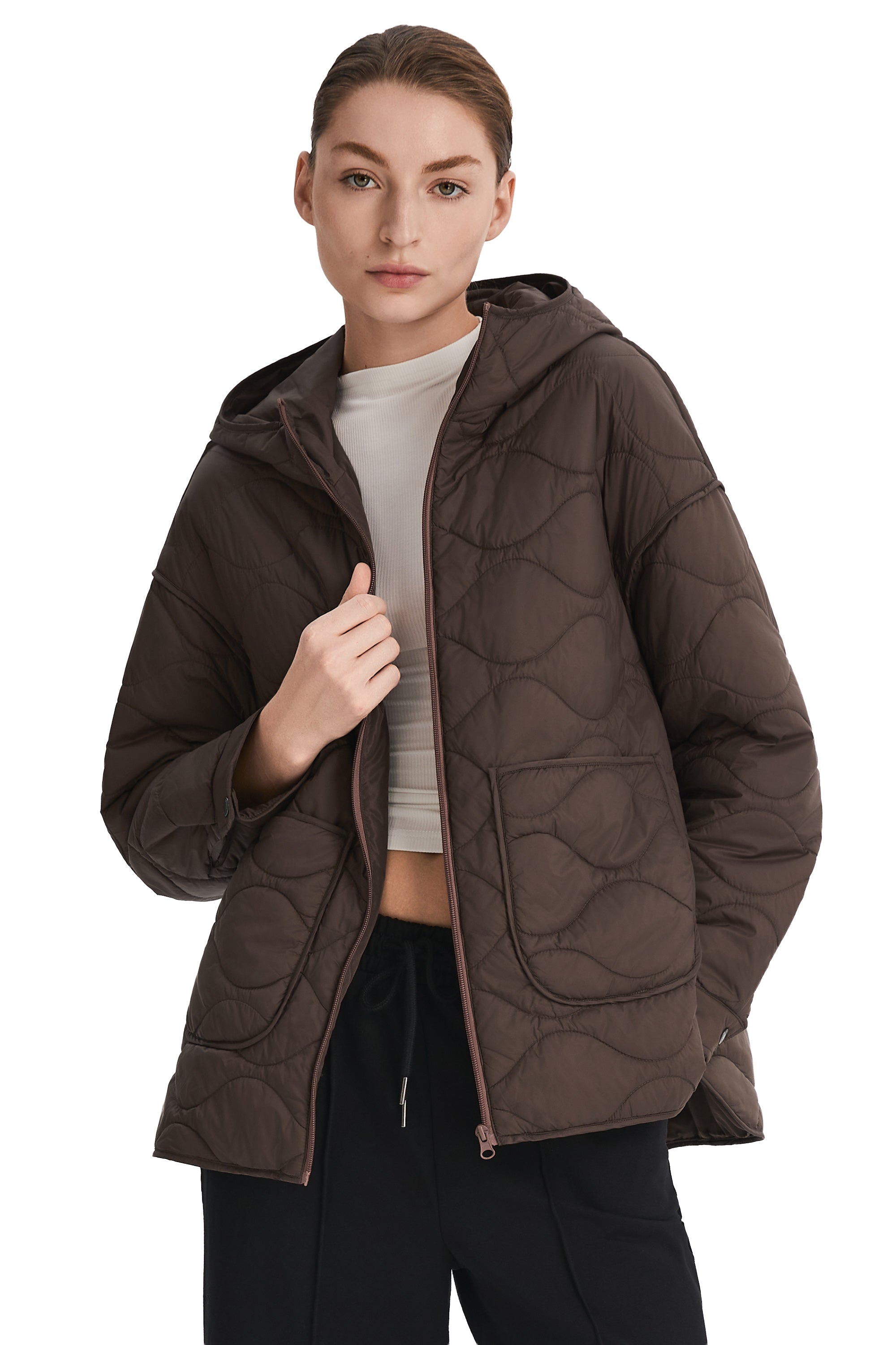 Oversized Quilted Hooded Drop-Shoulder Jacket OROLAY #color_coffee