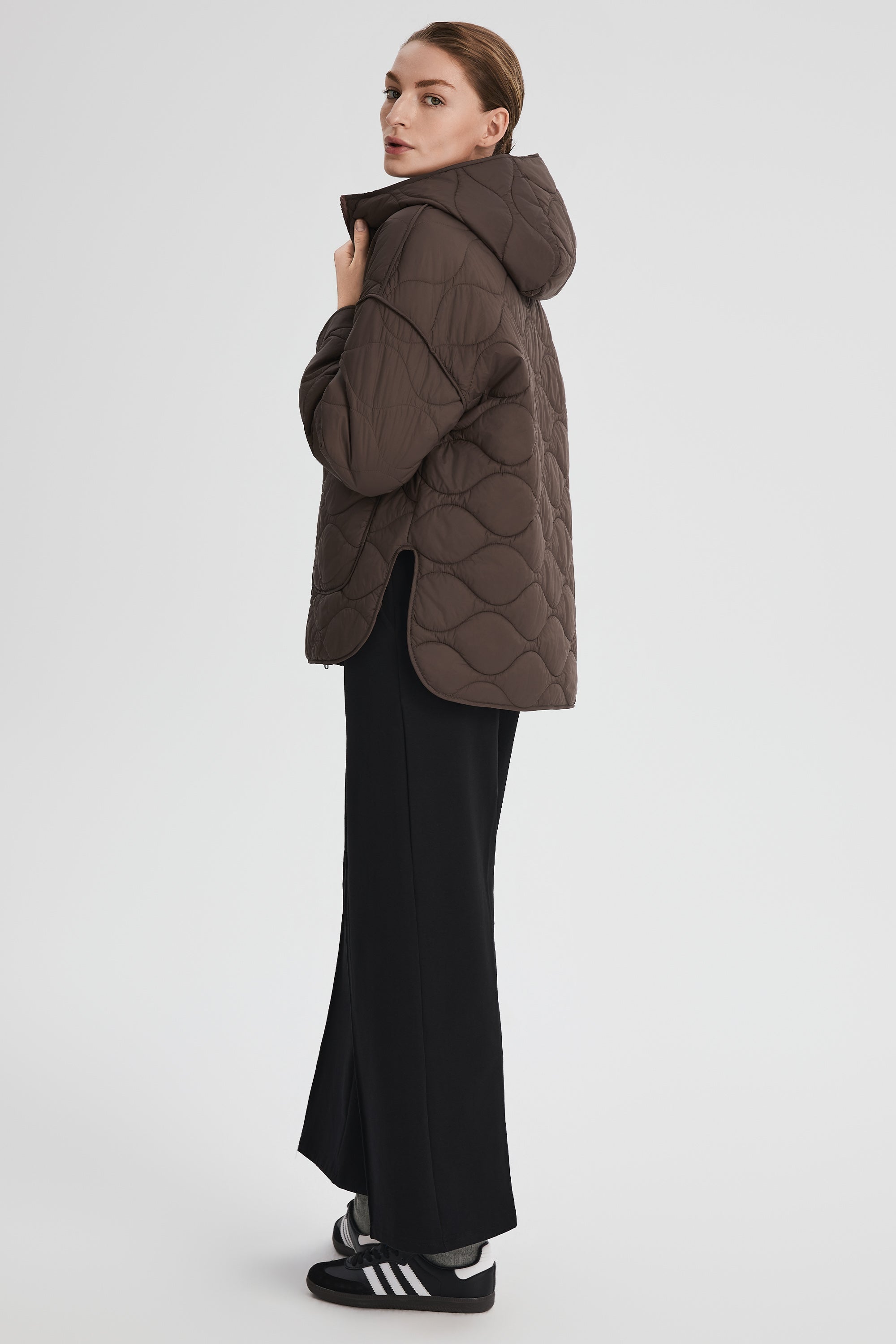 Oversized Quilted Hooded Drop-Shoulder Jacket OROLAY #color_coffee