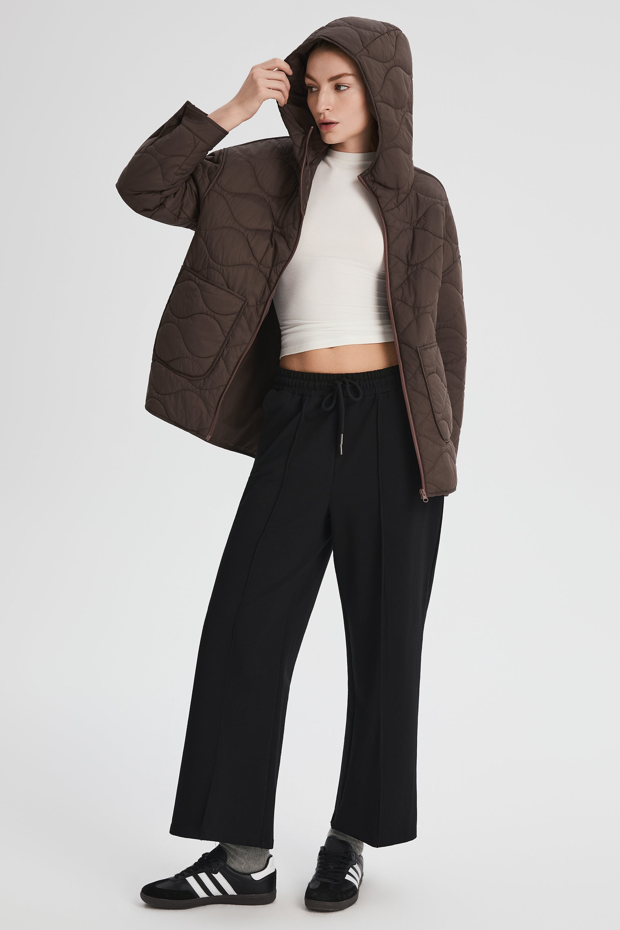 Oversized Quilted Hooded Drop-Shoulder Jacket OROLAY #color_coffee