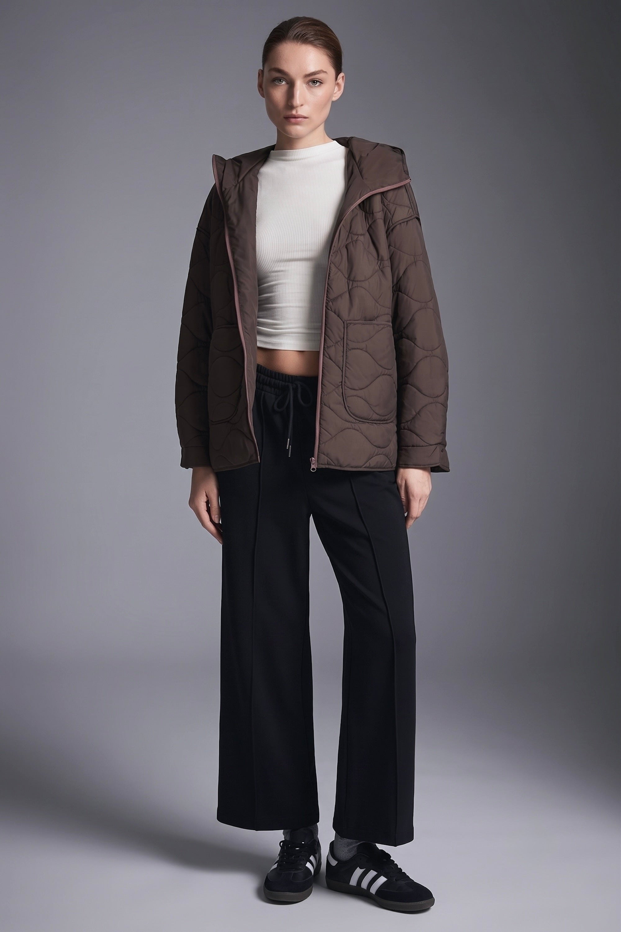 Oversized Quilted Hooded Drop-Shoulder Jacket OROLAY #color_coffee