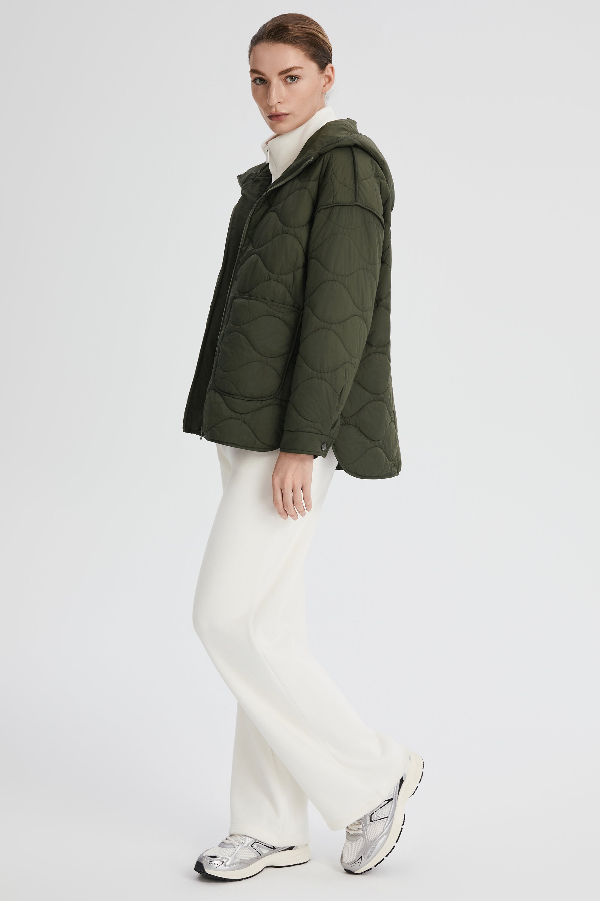 Oversized Quilted Hooded Drop-Shoulder Jacket OROLAY #color_olive