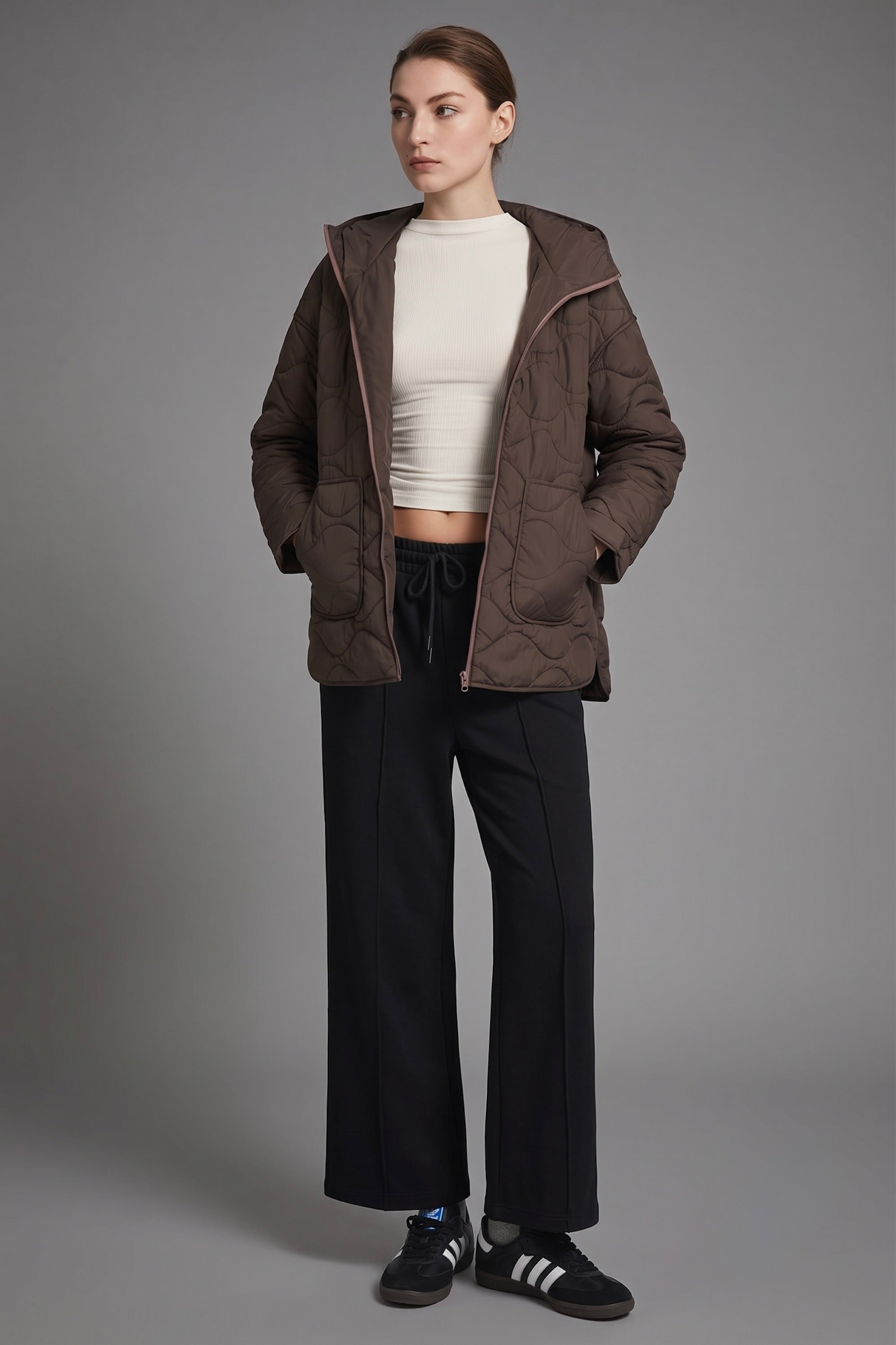 Oversized Quilted Hooded Drop-Shoulder Jacket OROLAY #color_coffee