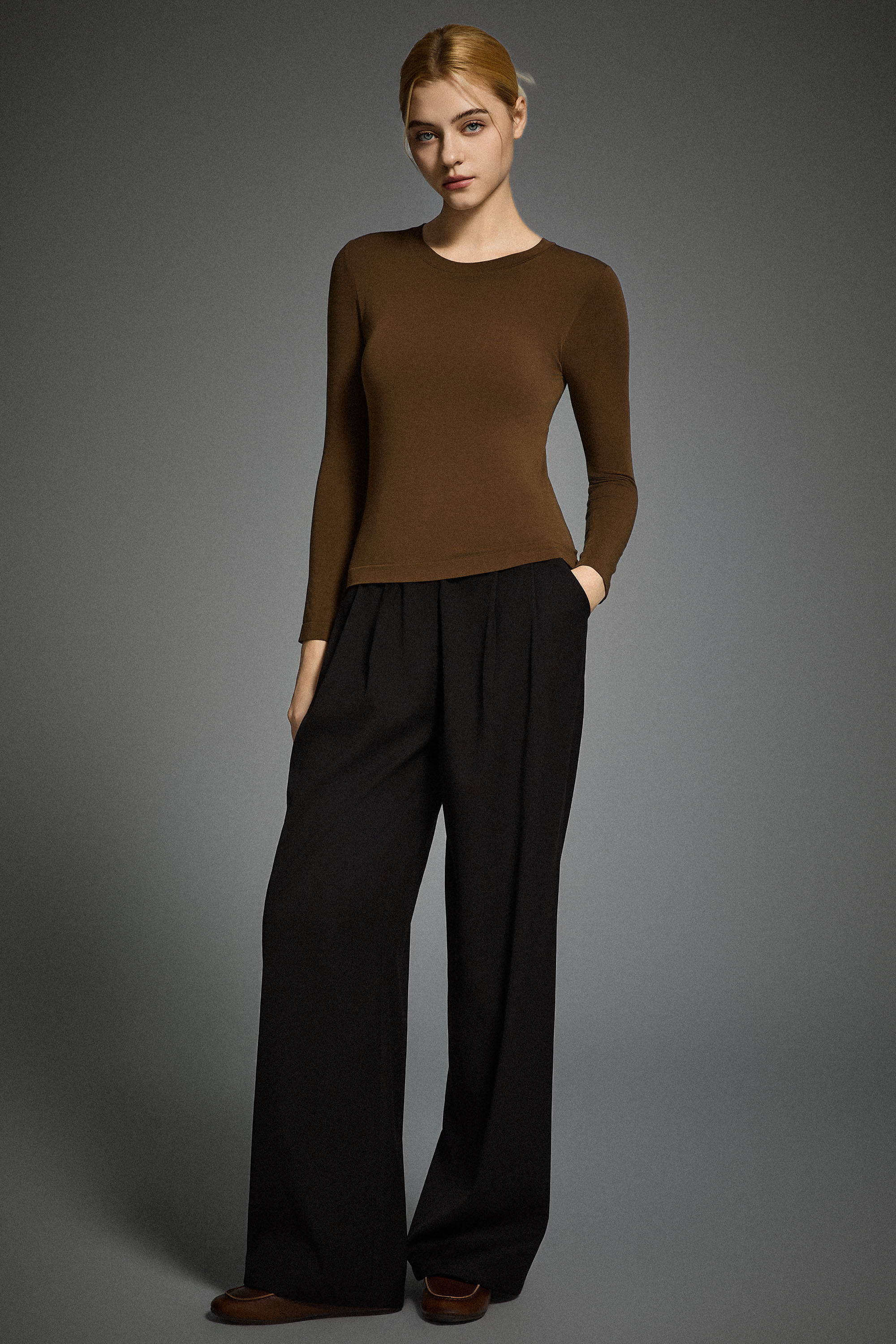 Padded Knit T-shirt OROLAY #color_brown