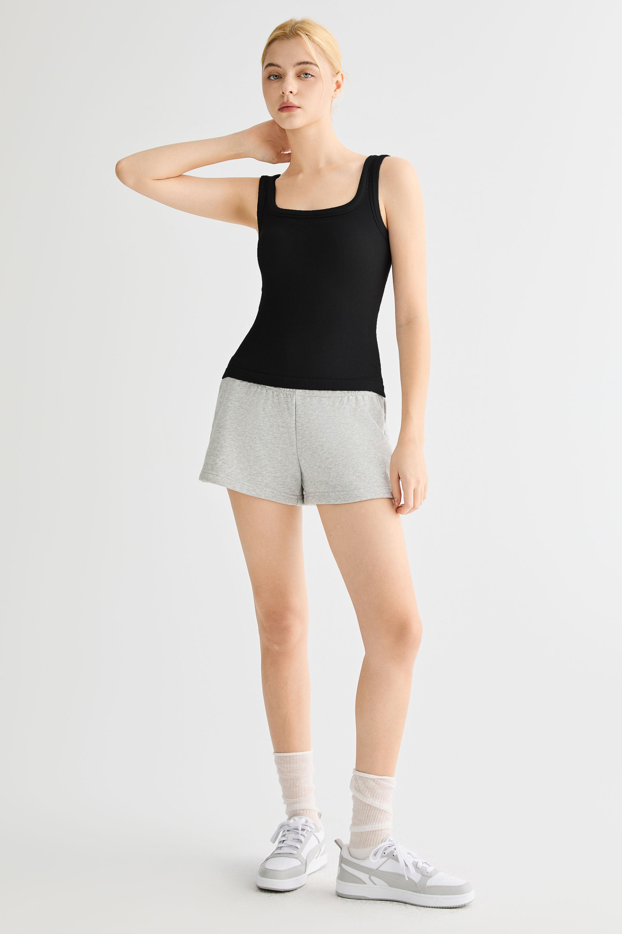 Padded Ribbed Wide-Strap Crew Tank orolay #color_black