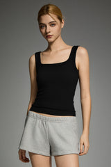 Padded Ribbed Wide-Strap Crew Tank orolay #color_black