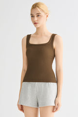 Padded Ribbed Wide-Strap Crew Tank orolay #color_brown
