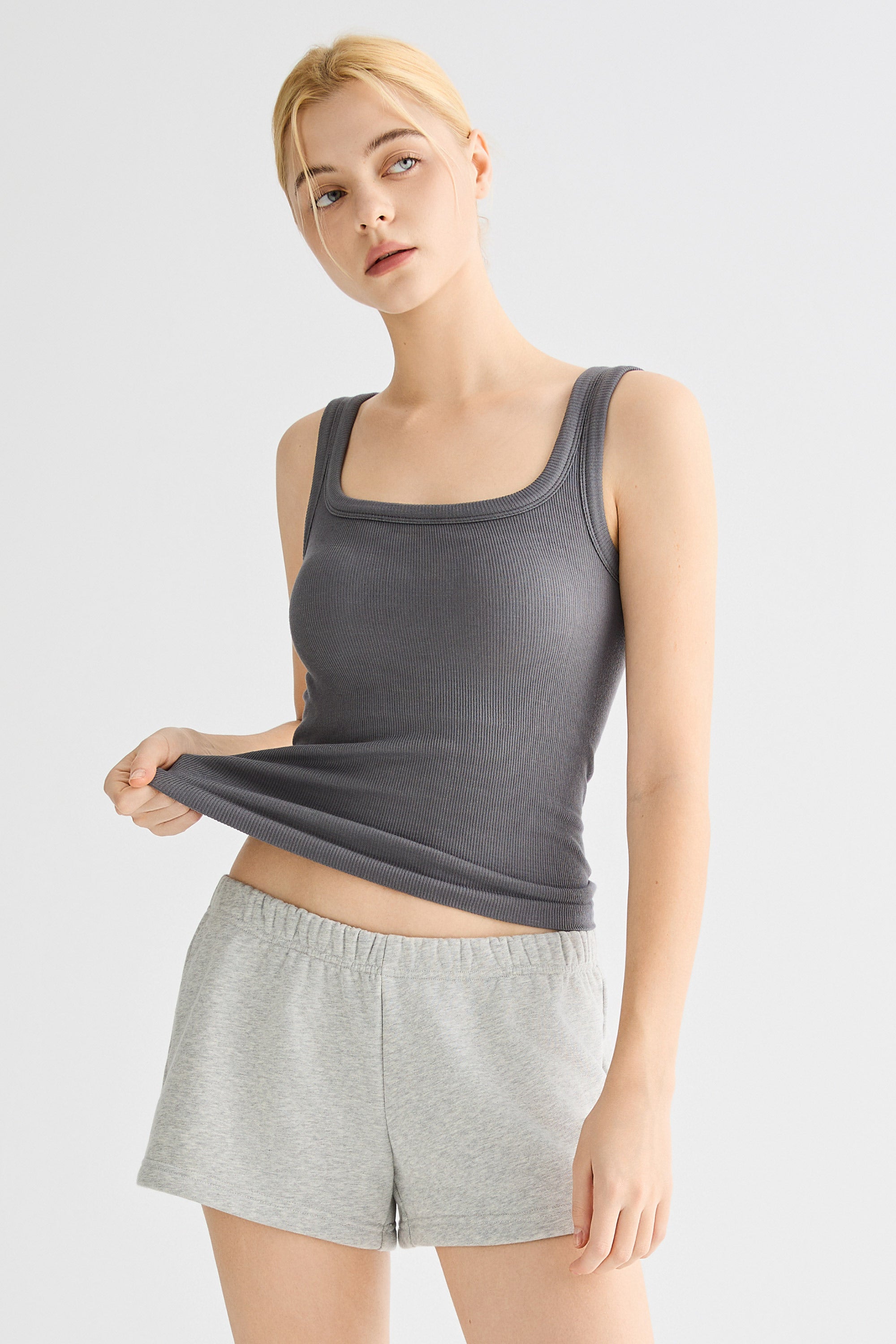 Padded Ribbed Wide-Strap Crew Tank orolay #color_gray