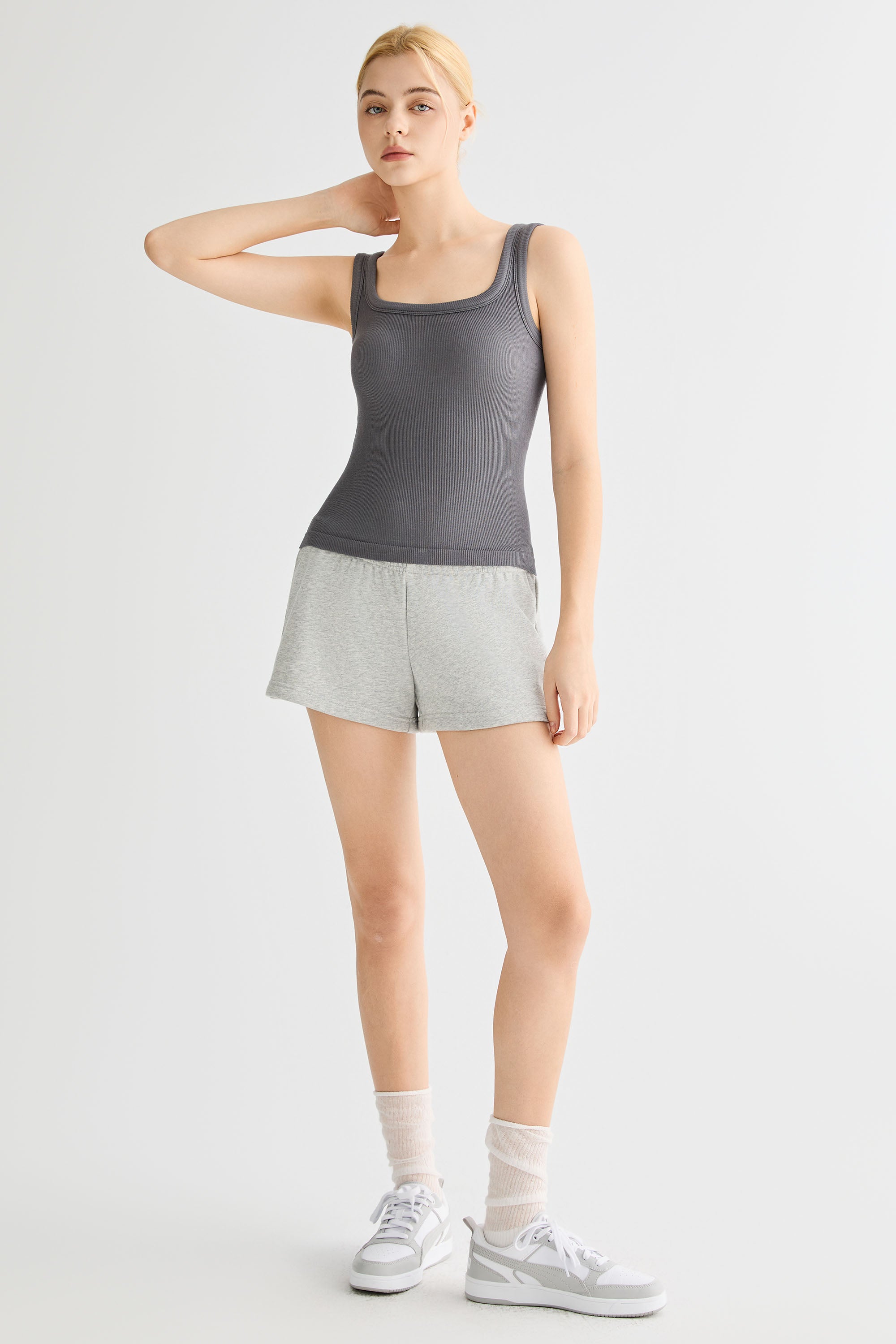Padded Ribbed Wide-Strap Crew Tank orolay #color_gray