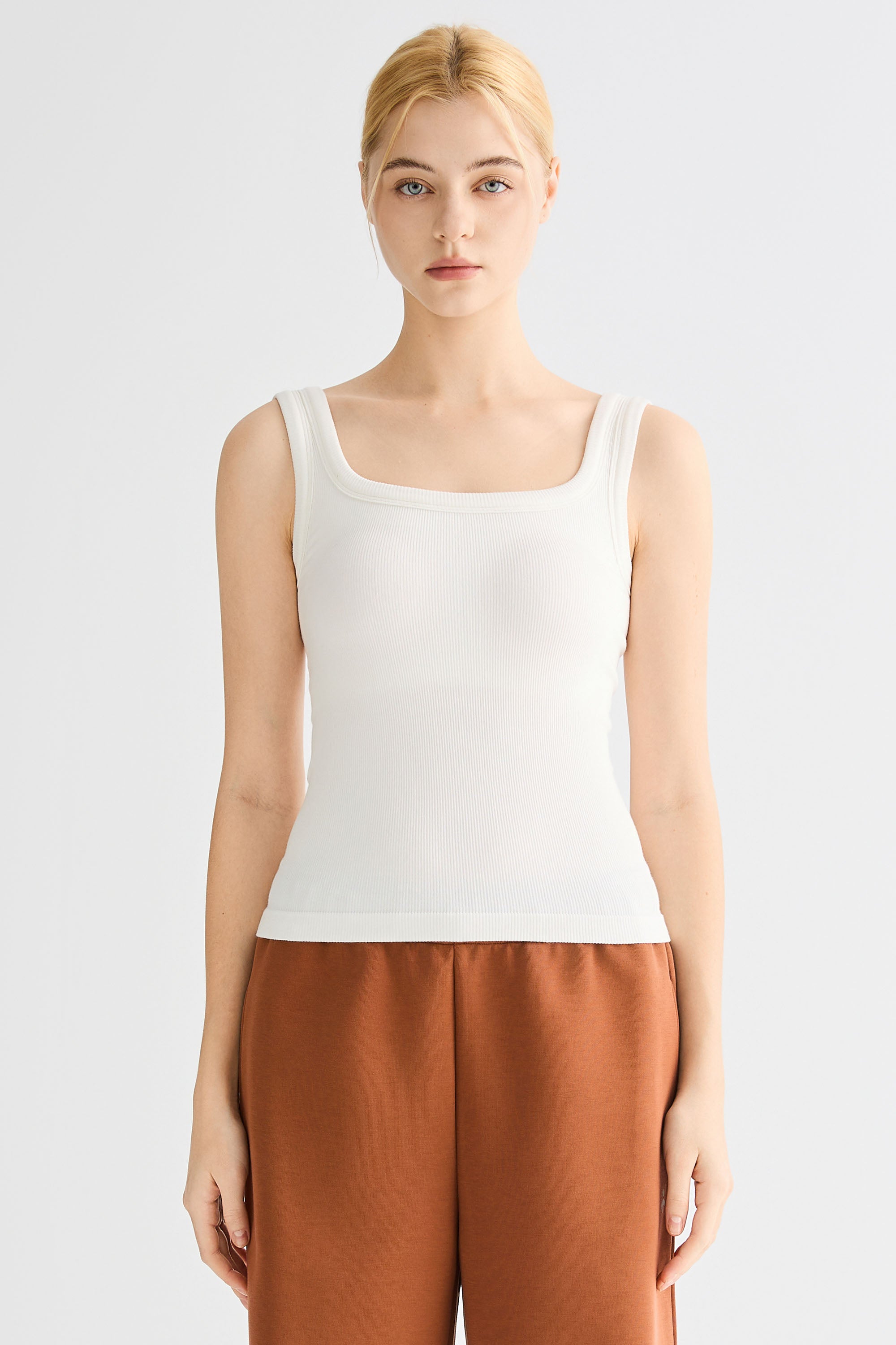 Padded Ribbed Wide-Strap Crew Tank orolay #color_white
