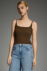 Padded Ribbed Square Neck Tank OROLAY #color_brown