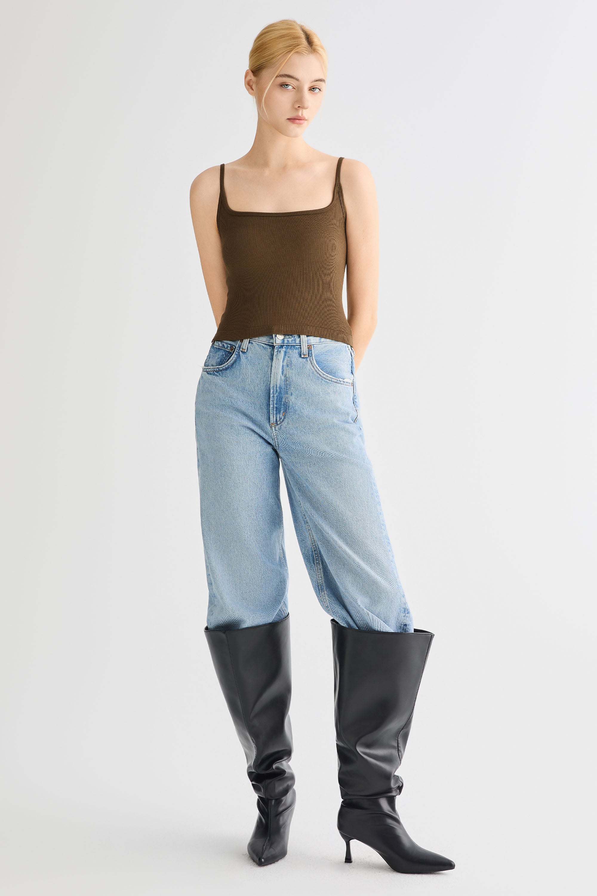 Padded Ribbed Square Neck Tank OROLAY #color_brown