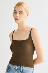 Padded Ribbed Square Neck Tank OROLAY #color_brown