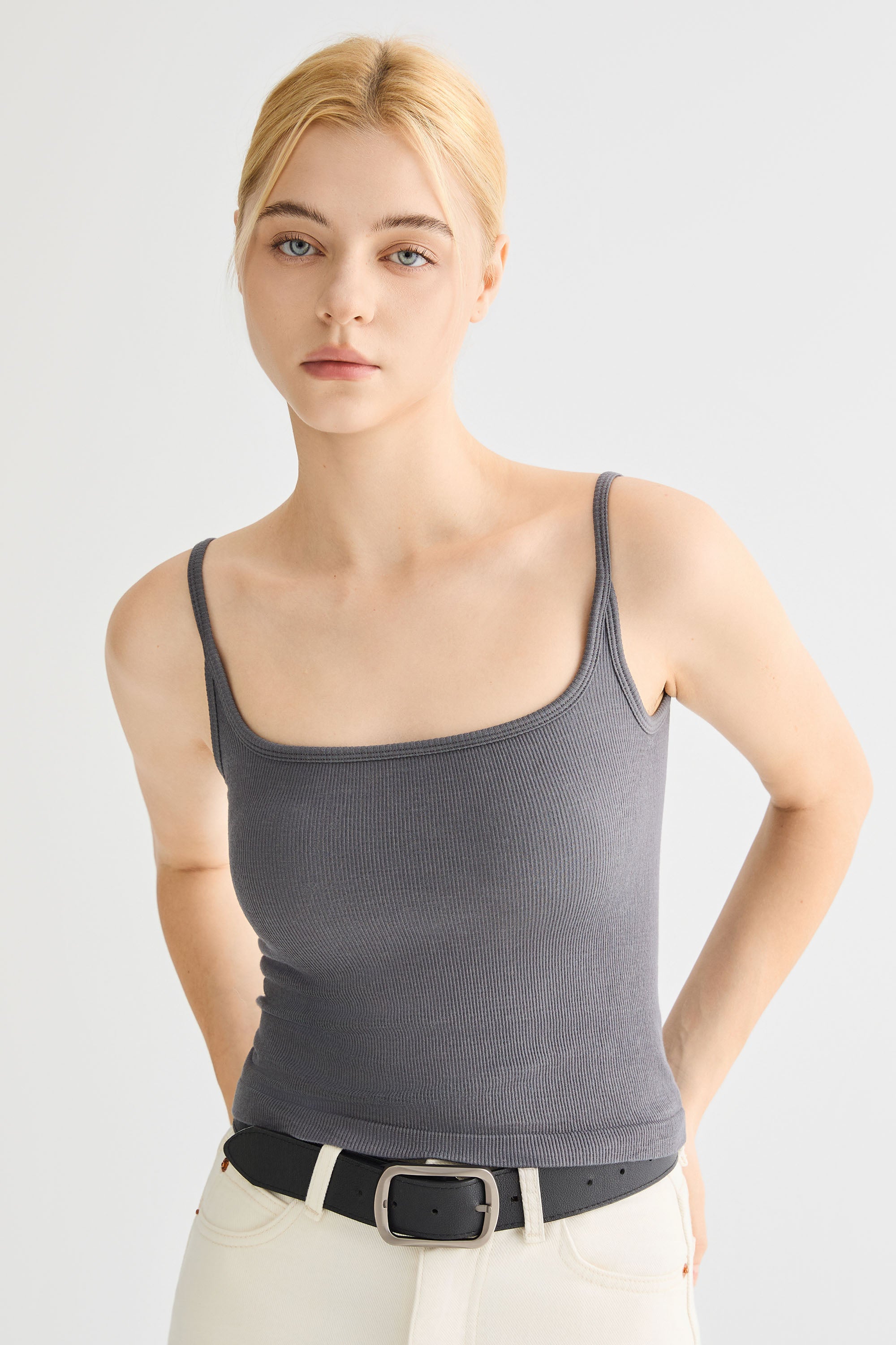 Padded Ribbed Square Neck Tank OROLAY #color_gray