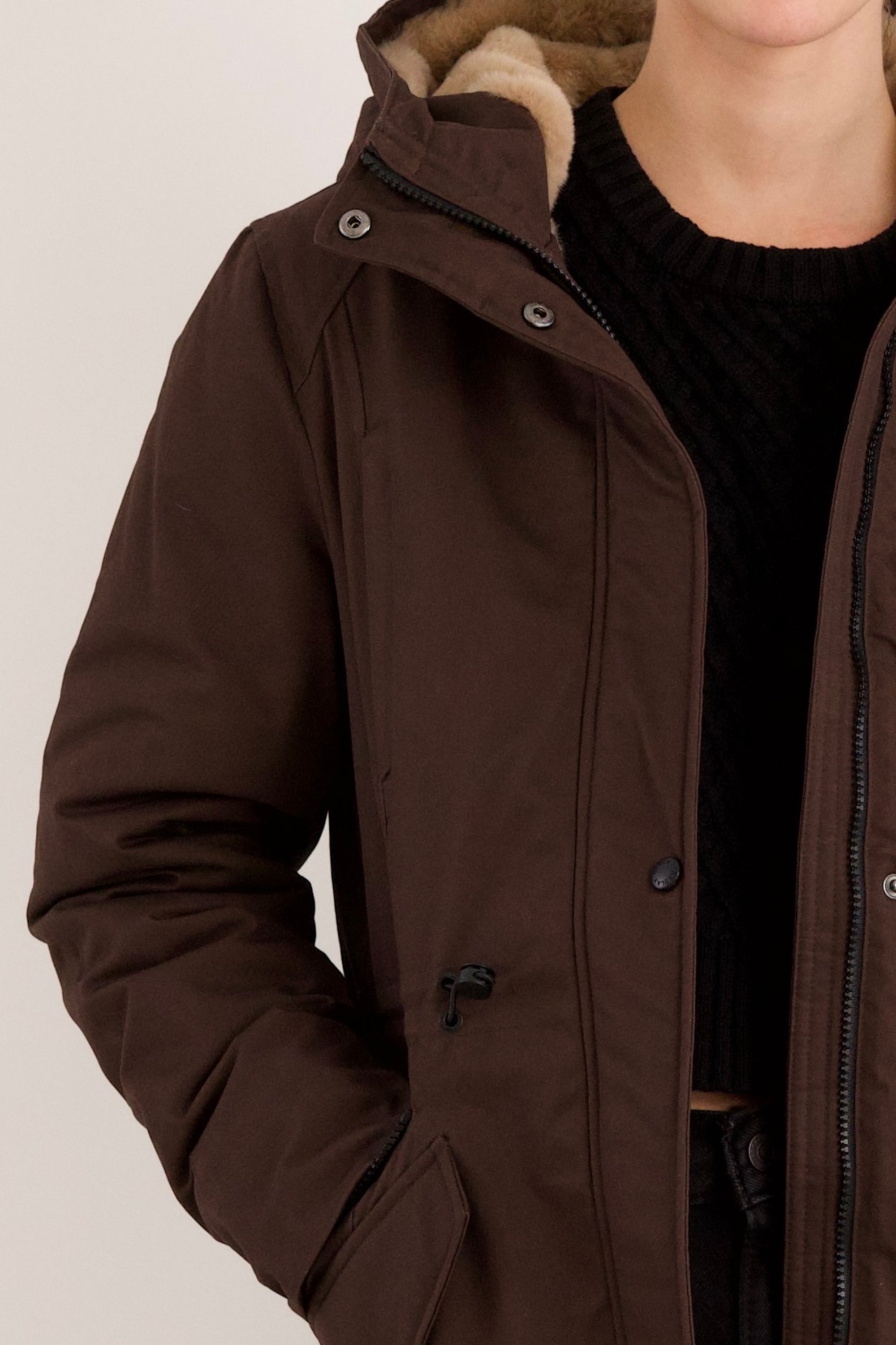 Parka-Drawstring Waist Fleece - Lined Parka - Orolay, #color_coffee
