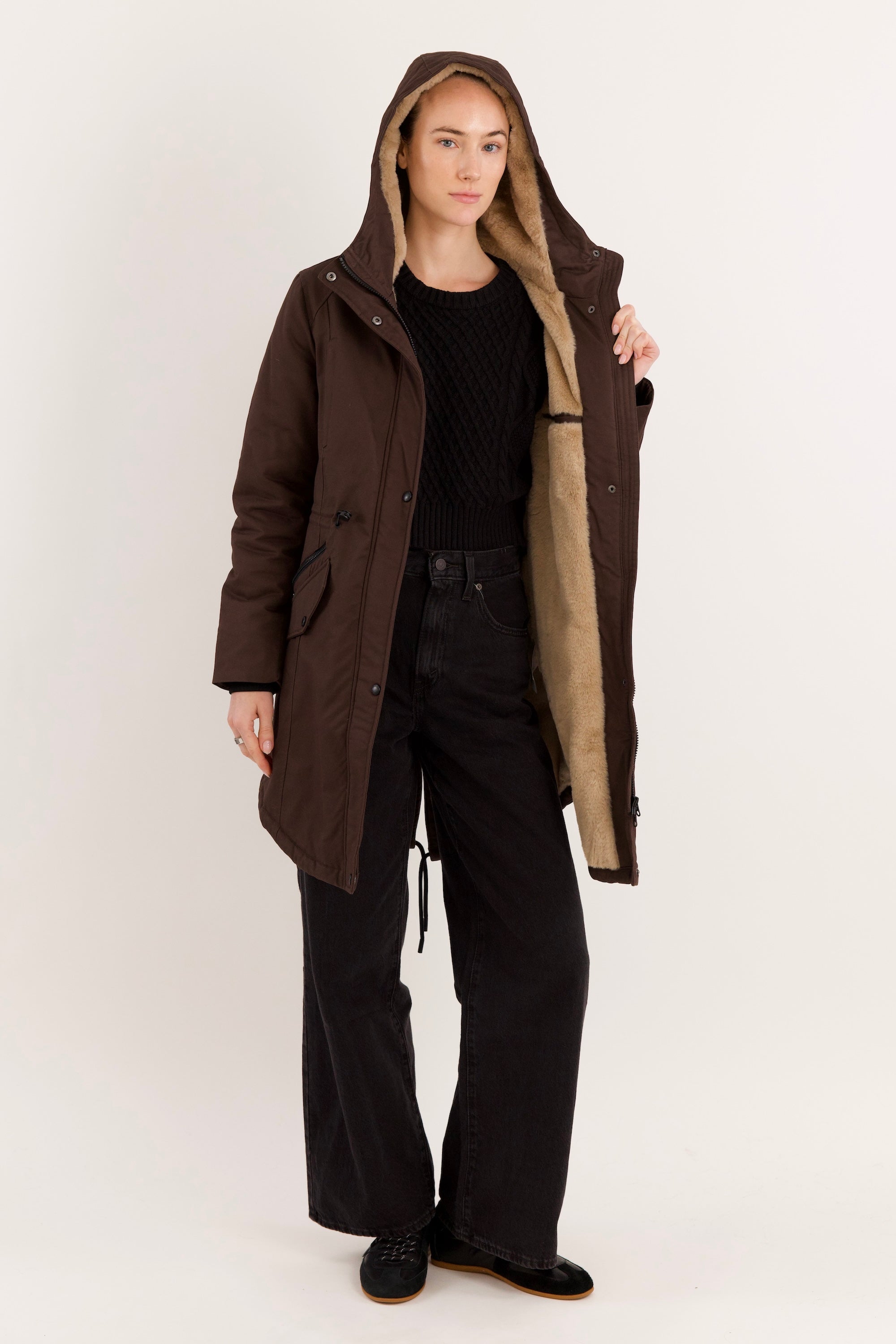 Parka-Drawstring Waist Fleece - Lined Parka - Orolay, #color_coffee