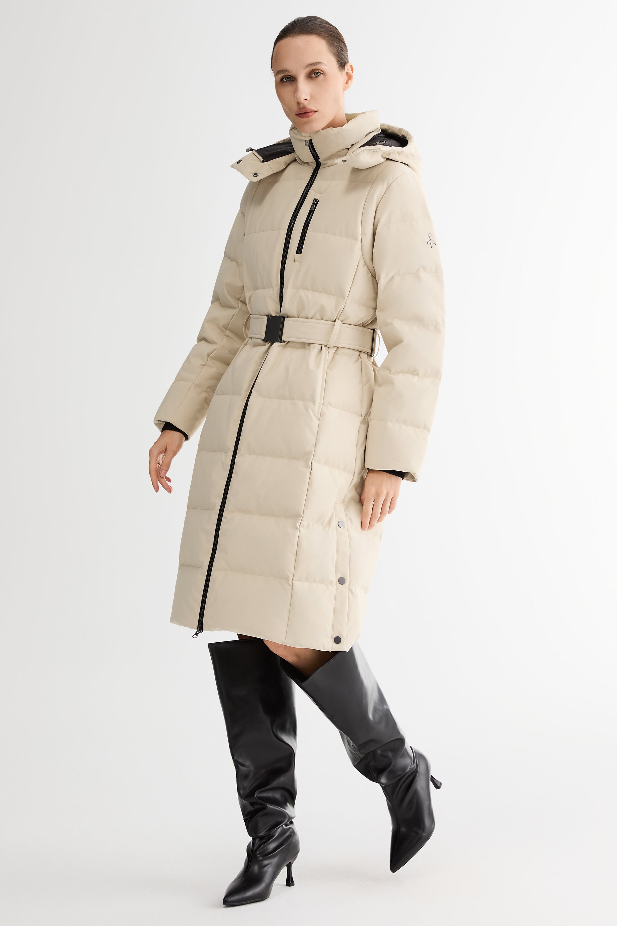 Full-Length Belted Hooded Down Jacket Orolay #color_beige