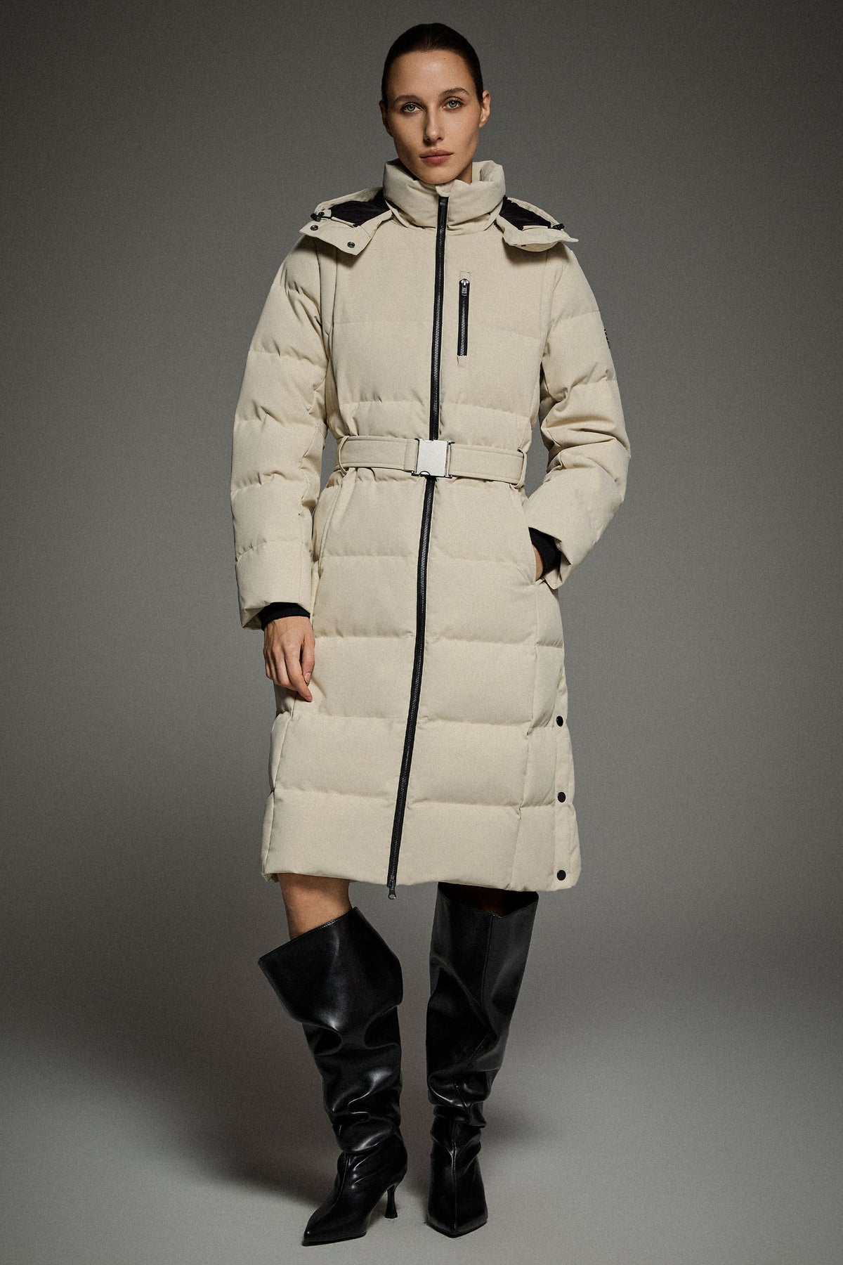 Celeste Long Hooded Belted Down Coat